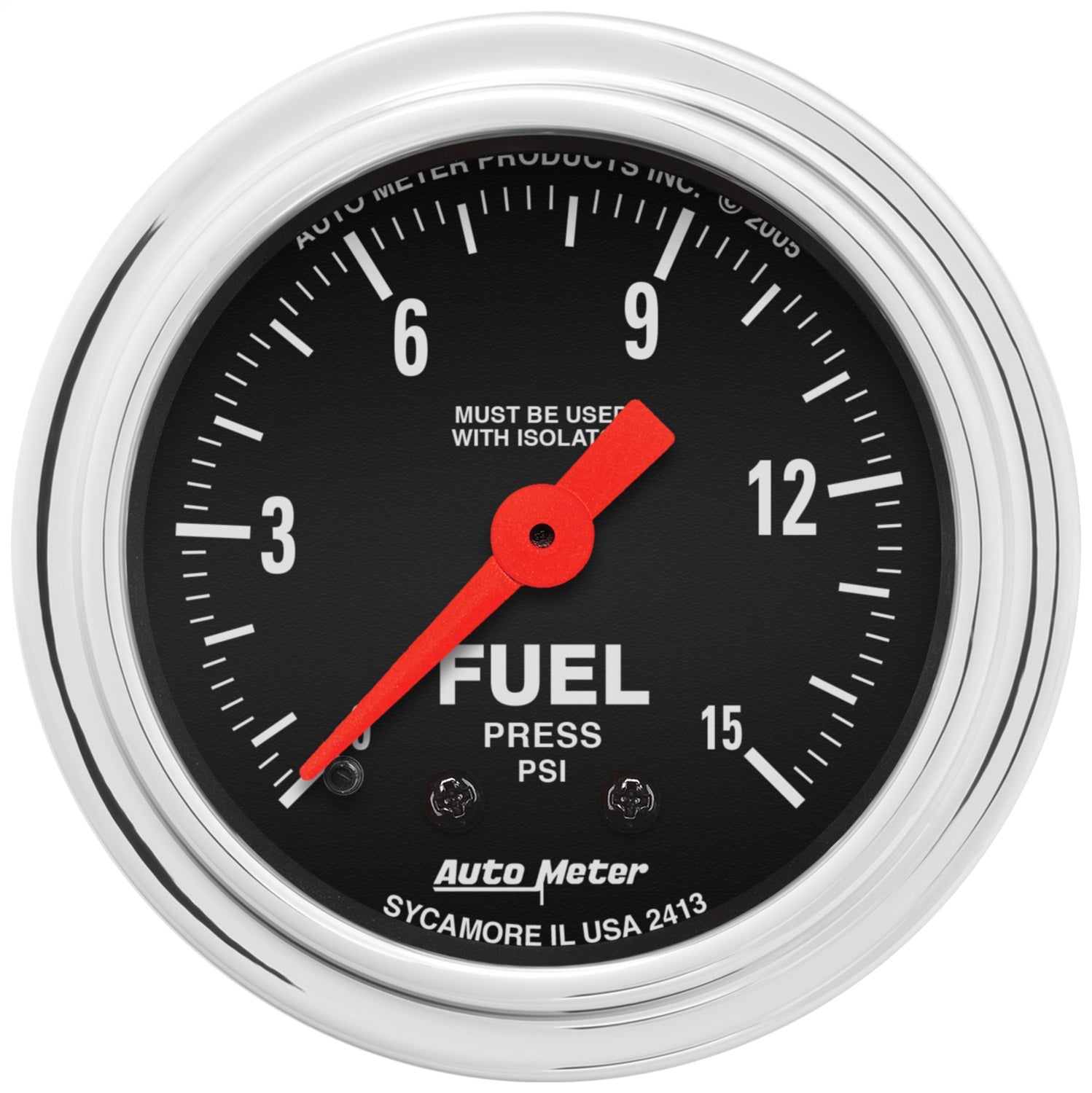 AutoMeter 2413 GAUGE; FUEL PRESSURE; 2 1/16in.; 15PSI; MECH. W/ISOLATOR; TRADITIONAL CHROME AutoMeter 2413