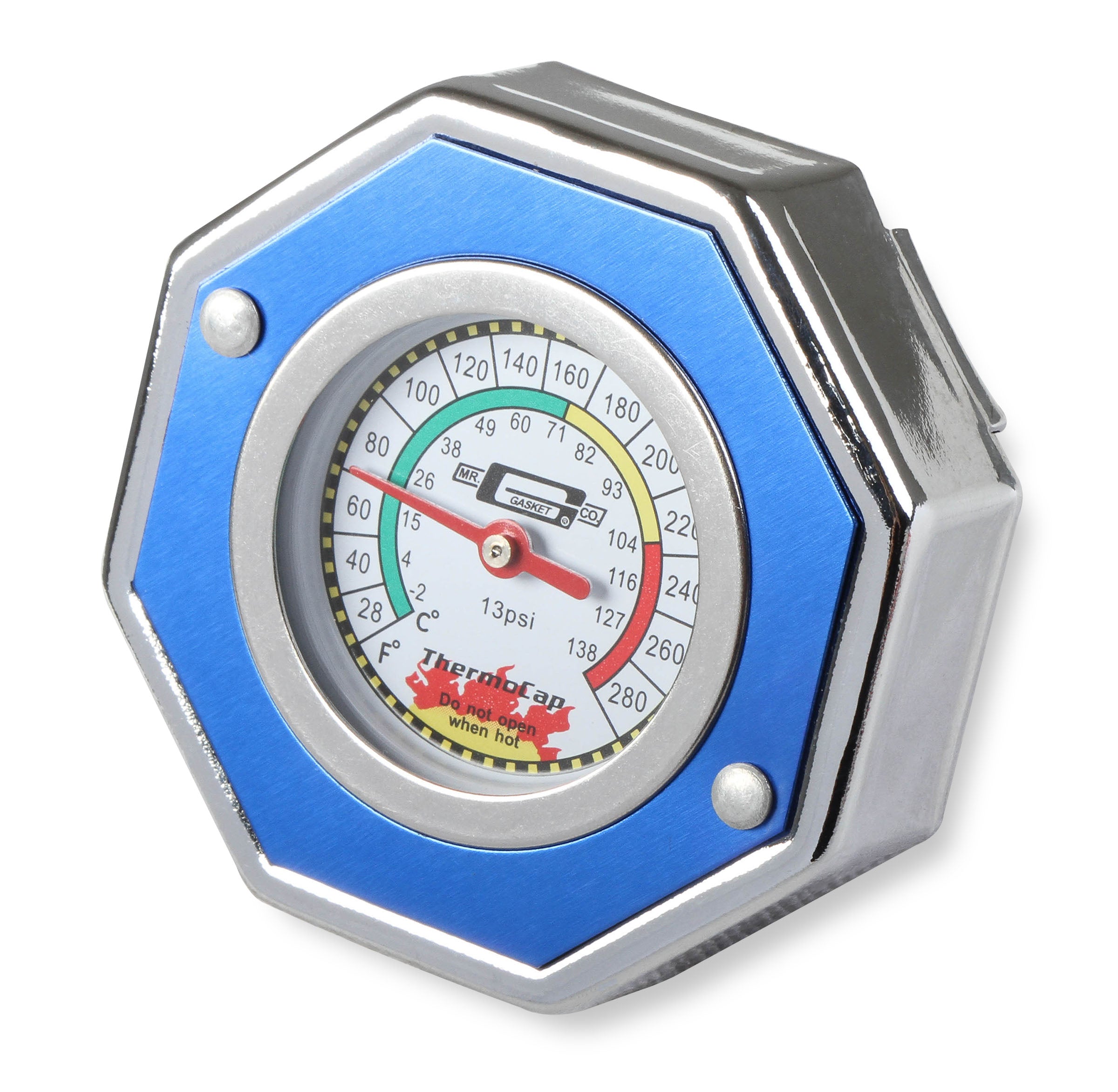 Mr Gasket 2470B Thermocap™ Radiator Cap; Blue; OEM Replacement w/Thermometer Built In; 13 psi; Mr Gasket 2470B
