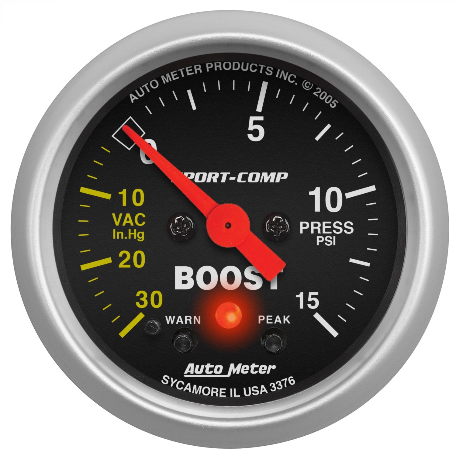 AutoMeter 3376 GAUGE; VAC/BOOST; 2 1/16in.; 30INHG-15PSI; STEPPER MOTOR W/PEAK/WARN; SPORT-COMP AutoMeter 3376