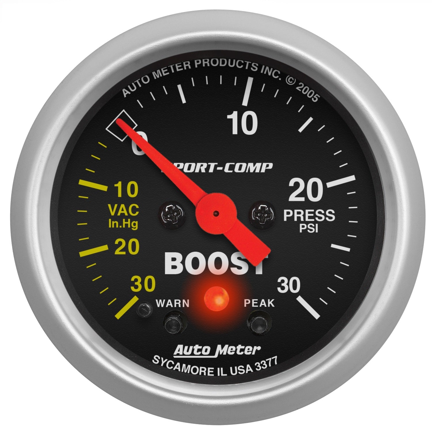 AutoMeter 3377 GAUGE; VAC/BOOST; 2 1/16in.; 30INHG-30PSI; STEPPER MOTOR W/PEAK/WARN; SPORT-COMP AutoMeter 3377