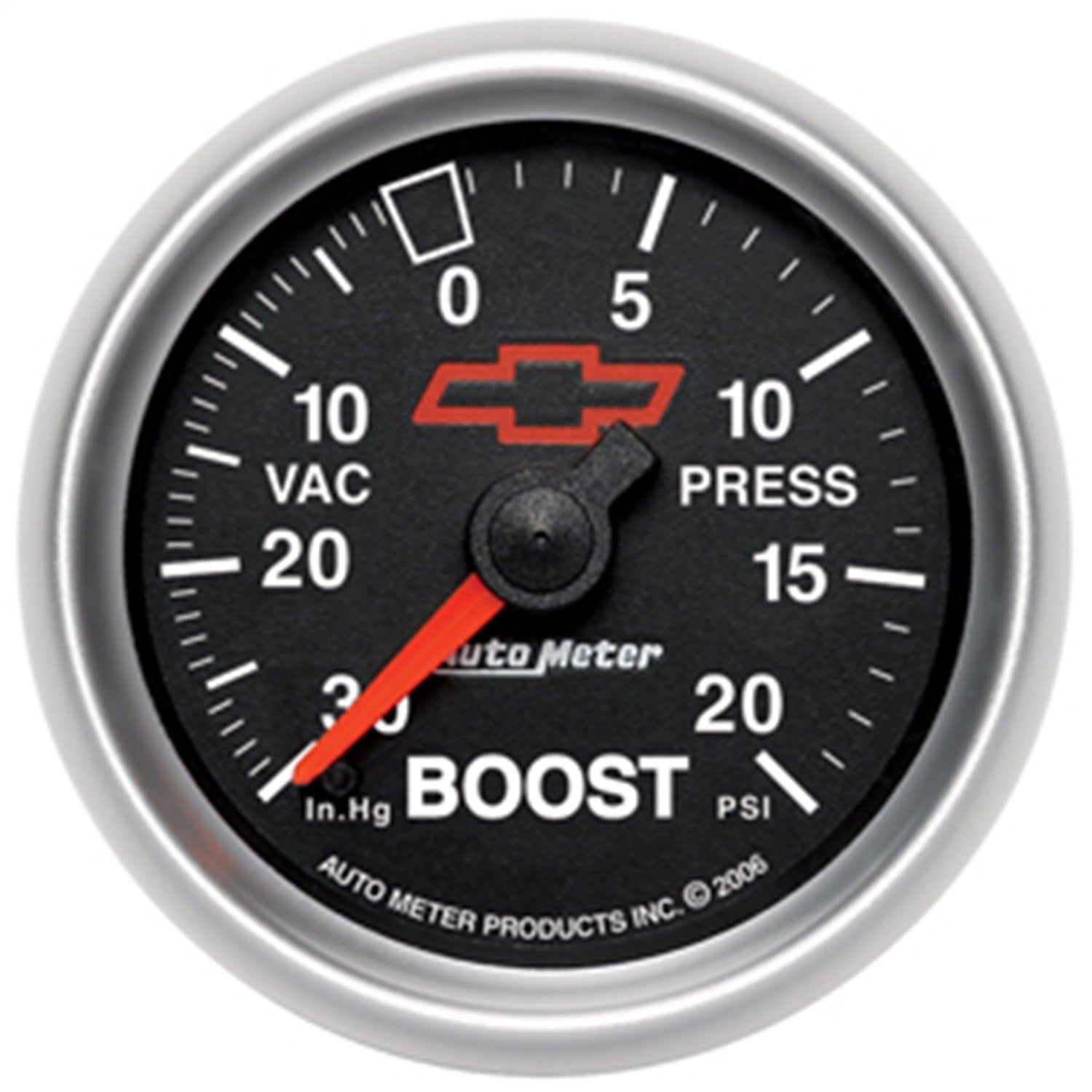 AutoMeter 3607-00406 GAUGE; VAC/BOOST; 2 1/16in.; 30INHG-20PSI; MECHANICAL; CHEVY RED BOWTIE; BLACK AutoMeter 3607-00406