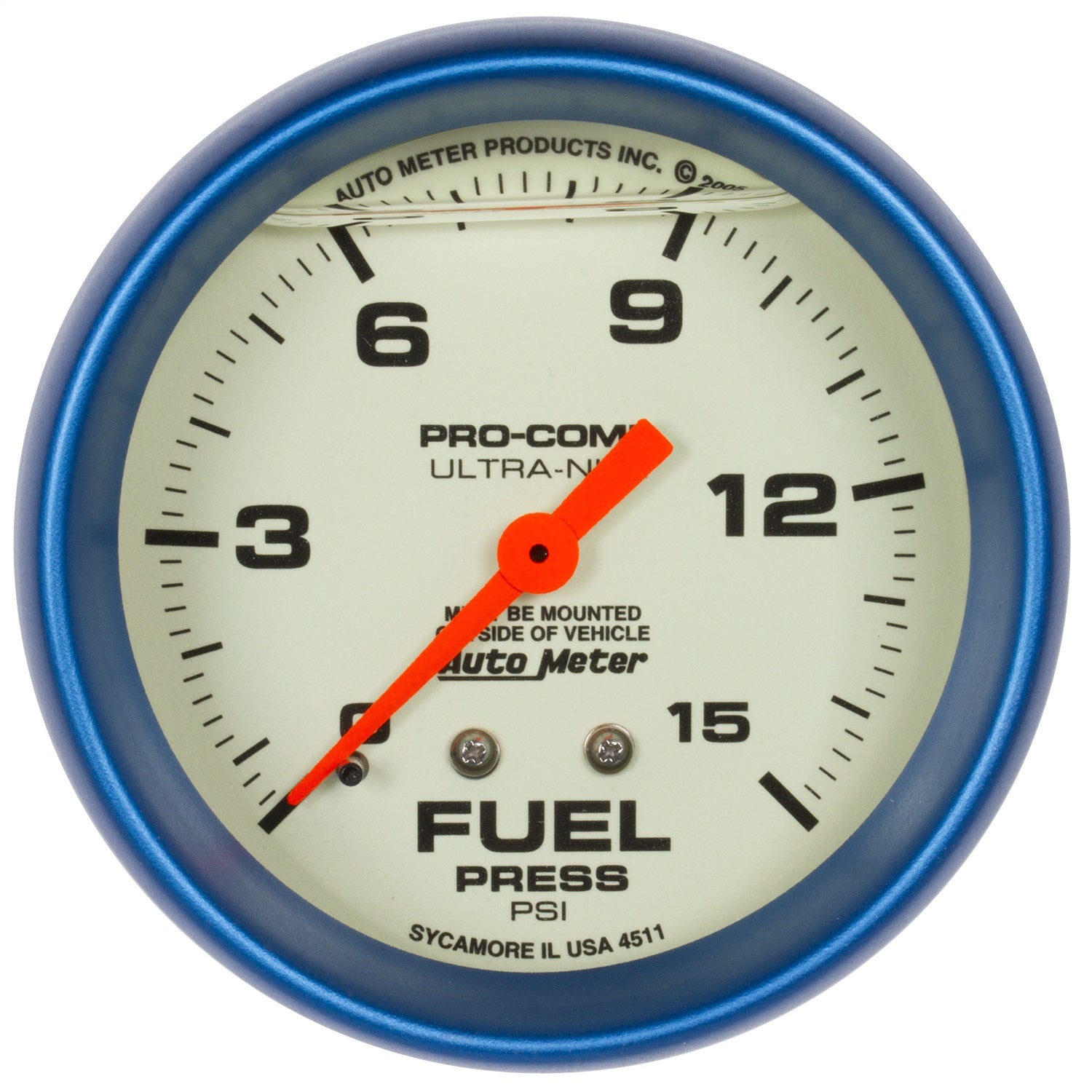 AutoMeter 4211 GAUGE; FUEL PRESS; 2 5/8in.; 15PSI; LIQUID FILLED MECH; GLOW IN DARK; ULTRA-NITE AutoMeter 4211