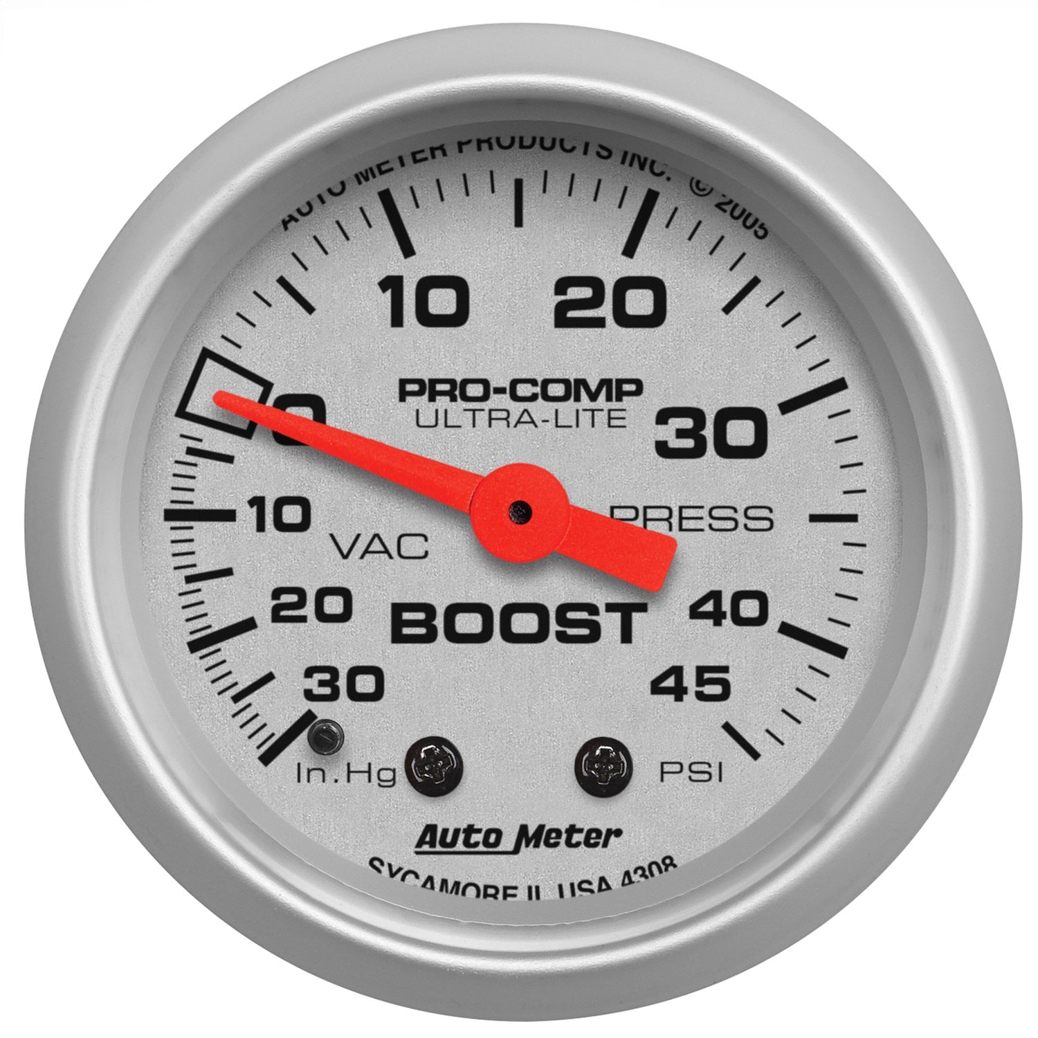 AutoMeter 4308 GAUGE; VAC/BOOST; 2 1/16in.; 30INHG-45PSI; MECHANICAL; ULTRA-LITE AutoMeter 4308