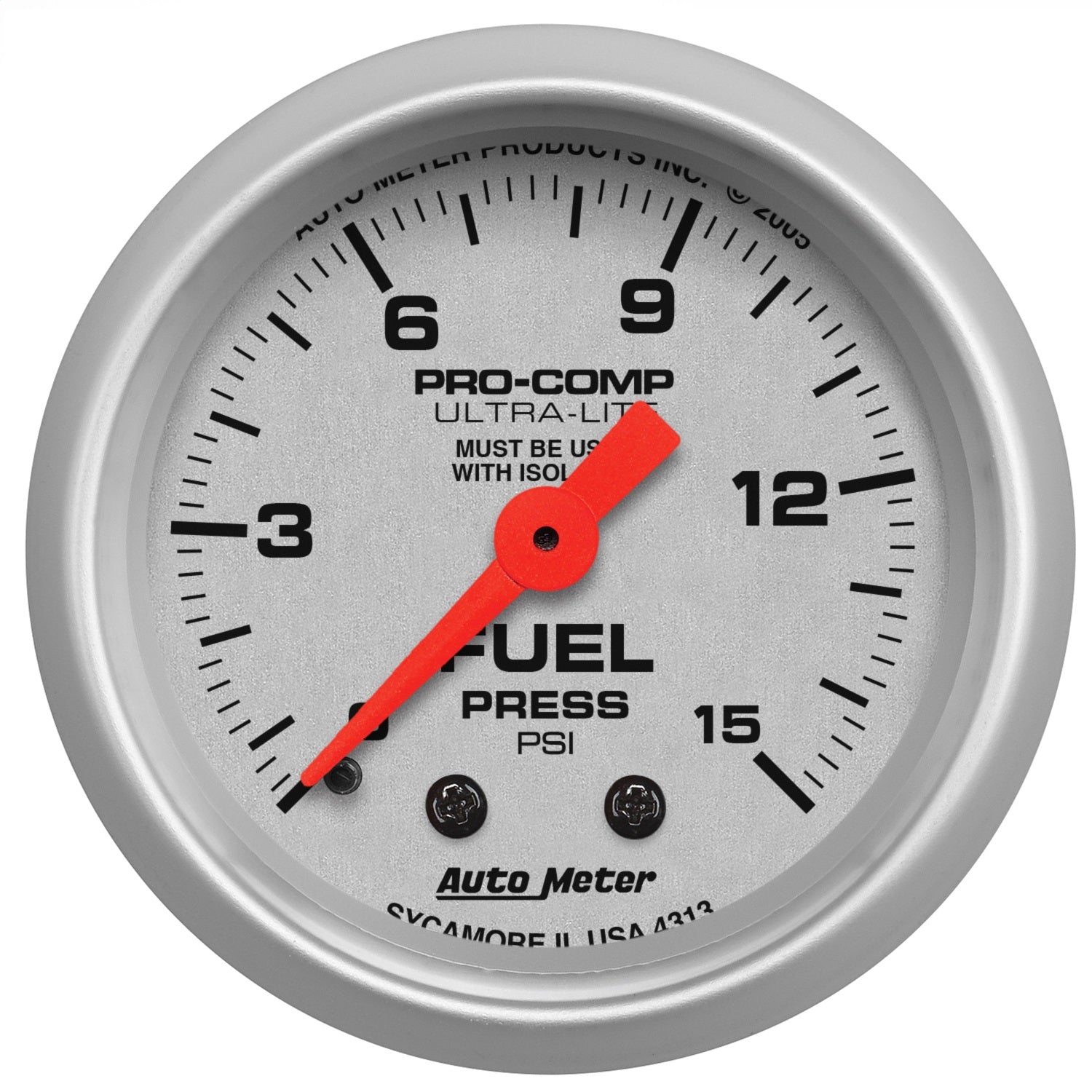 AutoMeter 4313 GAUGE; FUEL PRESSURE; 2 1/16in.; 15PSI; MECHANICAL W/ISOLATOR; ULTRA-LITE AutoMeter 4313