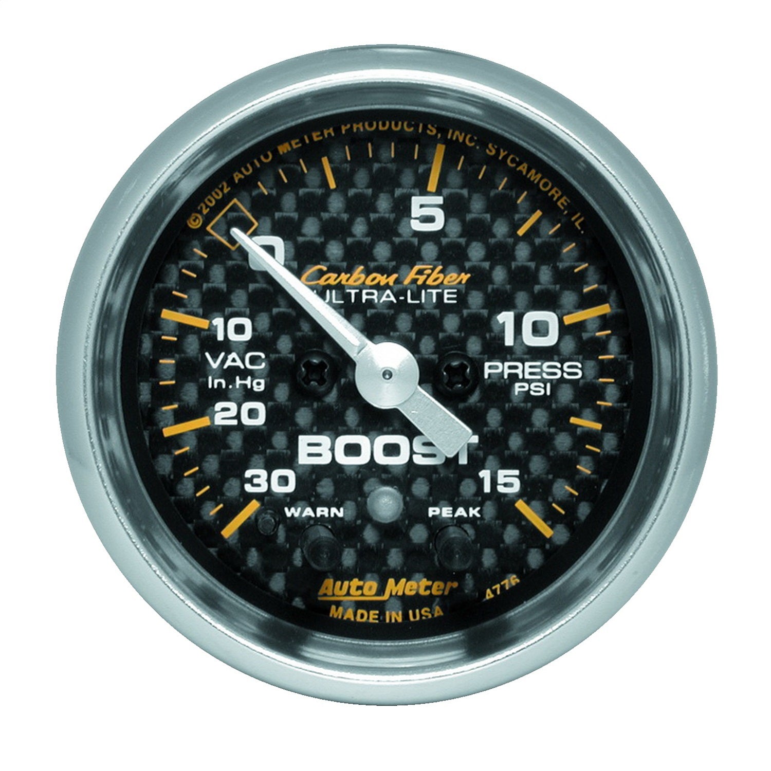 AutoMeter 4776 GAUGE; VAC/BOOST; 2 1/16in.; 30INHG-15PSI; STEPPER MOTOR W/PK/WRN; CARBON FIBER AutoMeter 4776