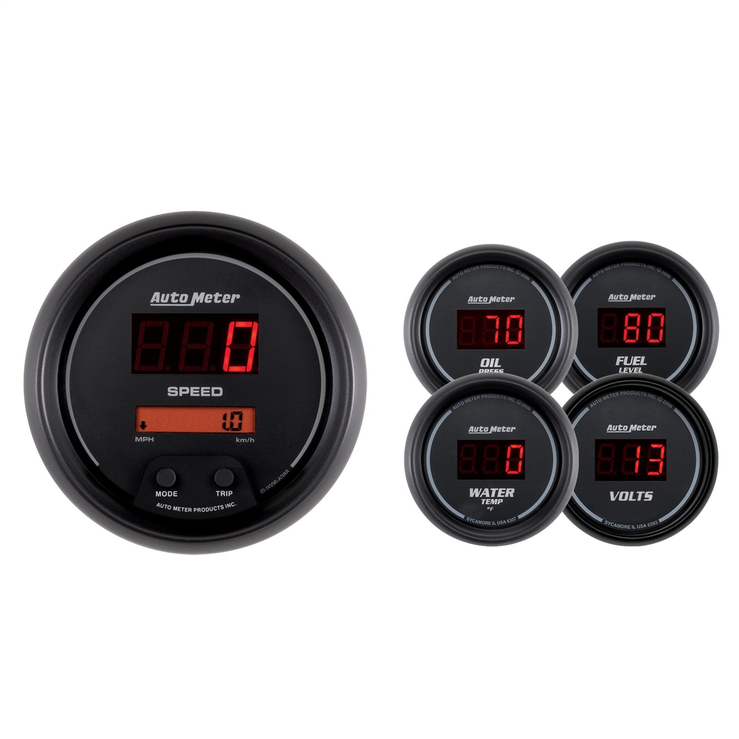 AutoMeter 6300 GAUGE KIT; 5 PC.; 3 3/8in./2 1/16in.; ELEC SPEEDO; DIGITAL; BLACK DIAL W/RED LED AutoMeter 6300