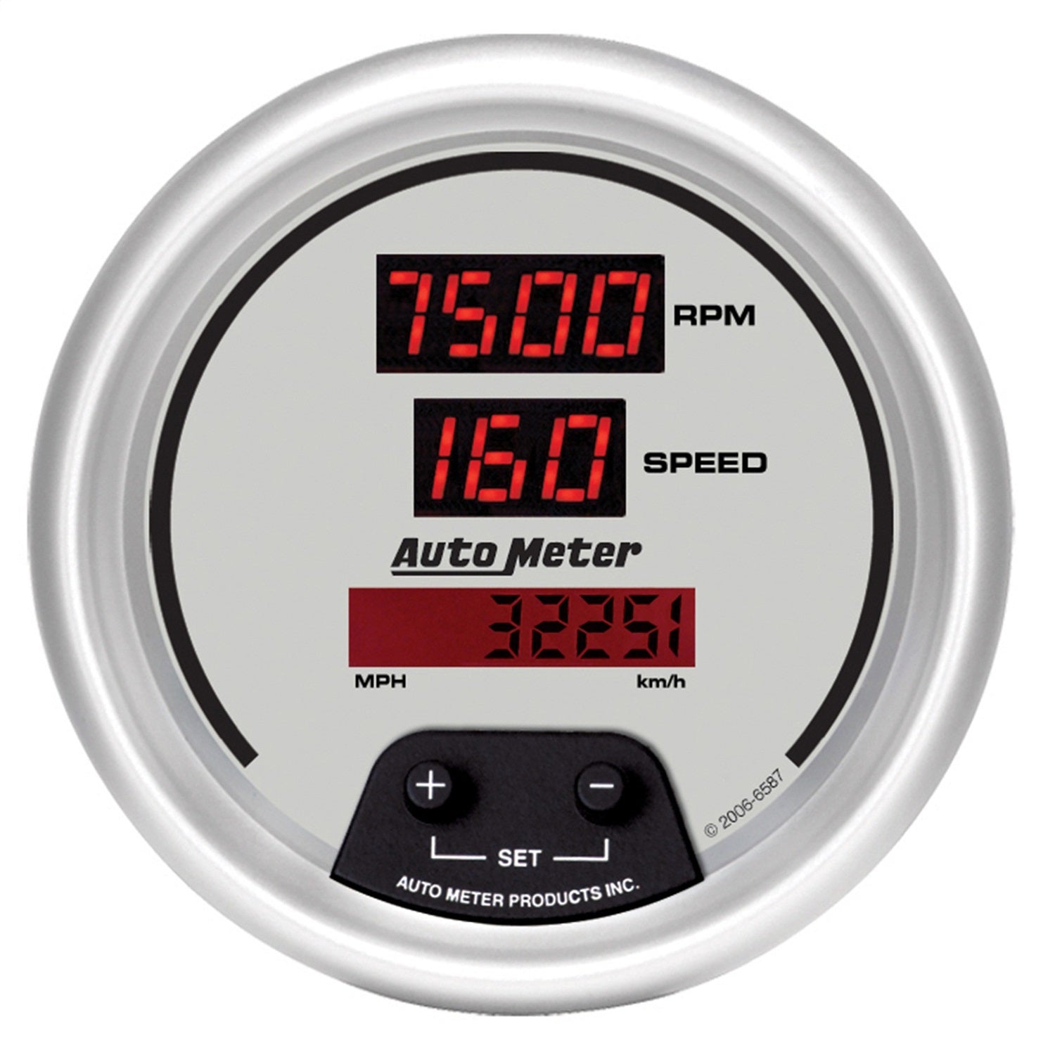 AutoMeter 6587 GAUGE; TACH/SPEED; 3 3/8in.; 260MPH/260KMH/10KRPM; ELEC PRGRM; DIG; SLVR W/RD LE AutoMeter 6587