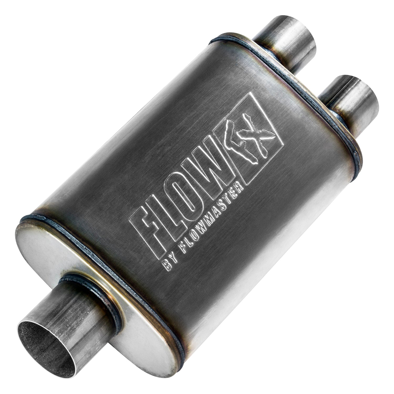 Flowmaster 72198 FlowFX Muffler; 3 in. Center In/2.5 in. Dual Out; Clamp On; 409 Stainless Steel; Flowmaster 72198
