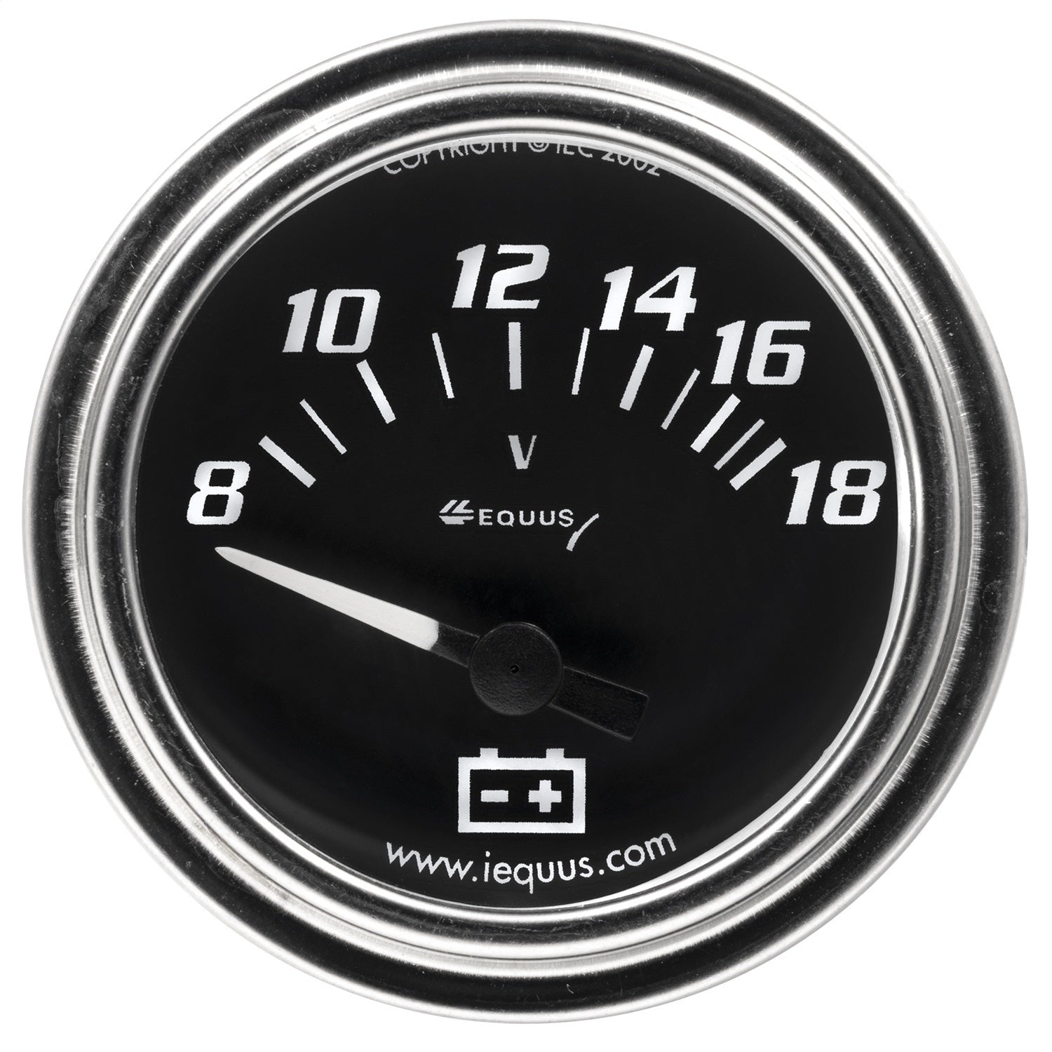 Equus E7268 GAUGE; VOLTMETER; 2in.; 8-18V; 90 DEGREE SWEEP; ELEC; CHROME; 7000 SERIES Equus E7268