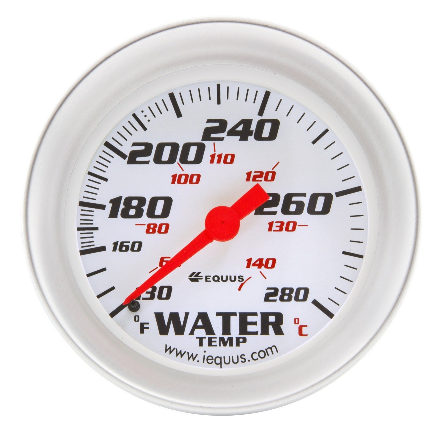 Equus E8442 GAUGE; WATER TEMP; 2-5/8in.; 130-280 F; 270 DEG SWEEP; MECH; WHITE; SILVER; 8000 Equus E8442