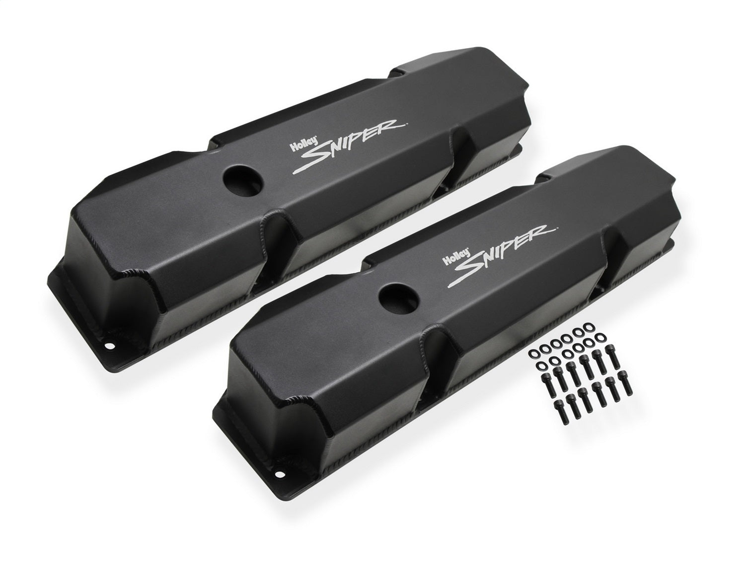 Holley 890005B Aluminum Valve Cover Set; Short Bolt; w/o Emissions Port; Pair; Black Finish; Holley 890005B