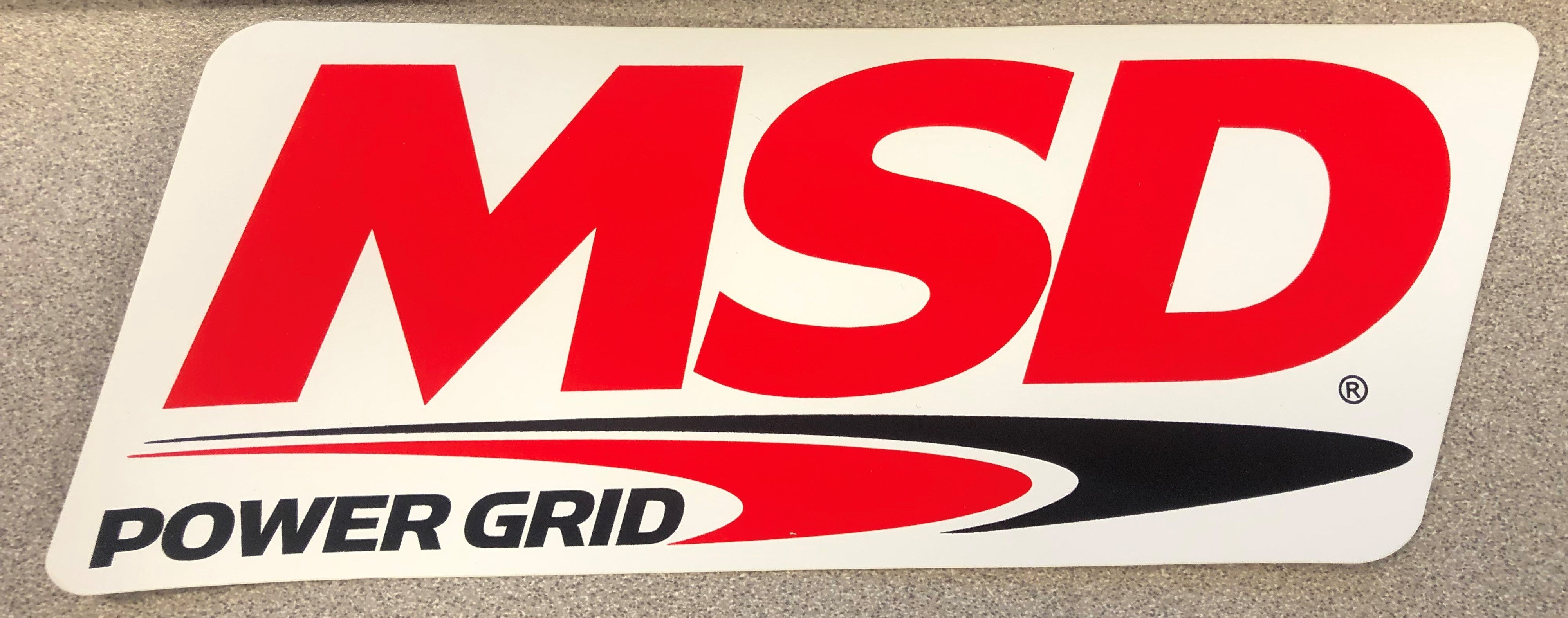 The MSD POWER GRID Logo Decal; Red, Black & White. 9.25" wide x 3.375" high.