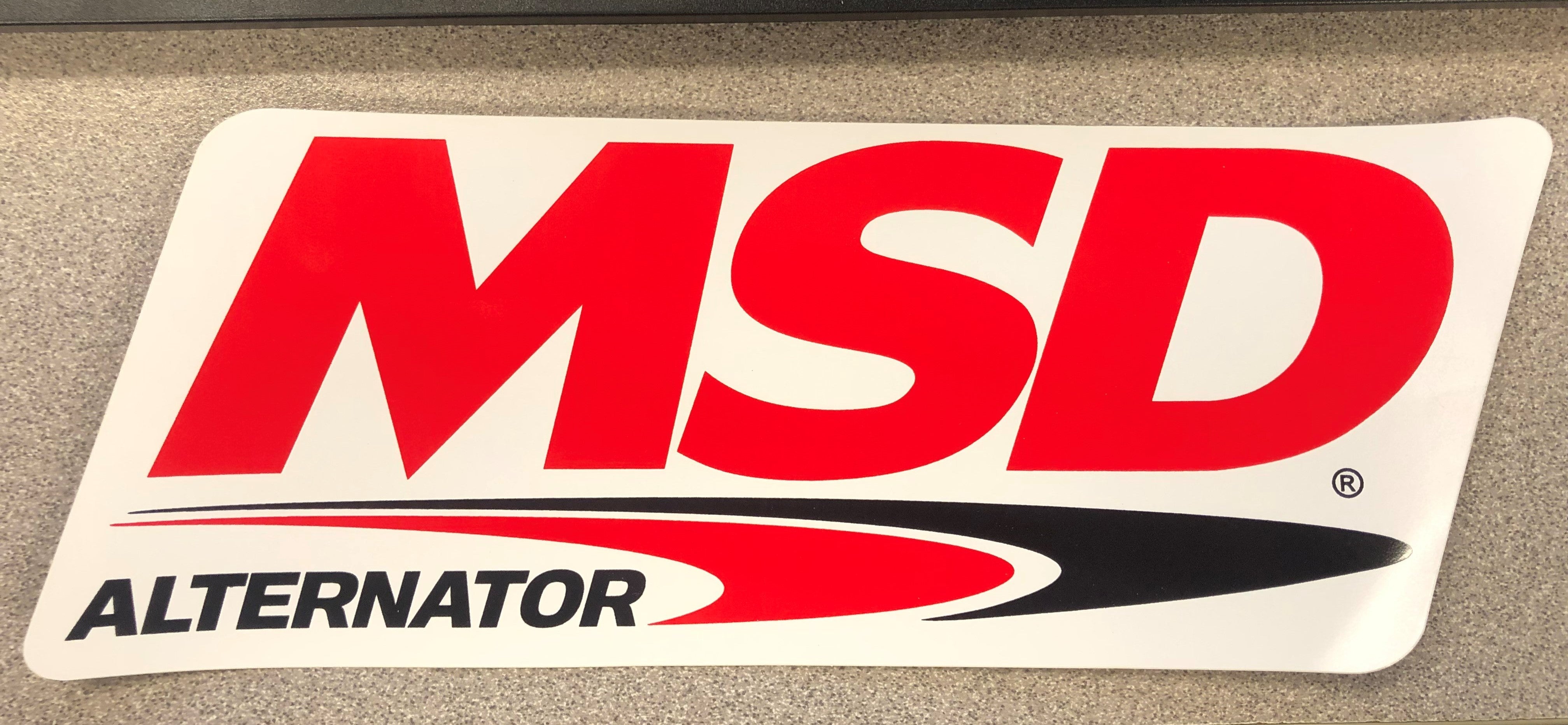 The MSD ALTERNATOR Logo Decal; Red, Black & White. 9.25" wide x 3.375" high.
