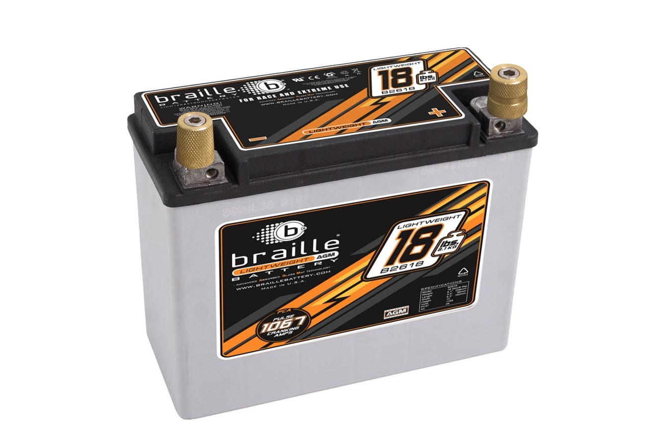 Braille Battery B2618 Racing Battery 18lbs 1168 PCA 8.1x3.5x6.3 Braille Battery B2618