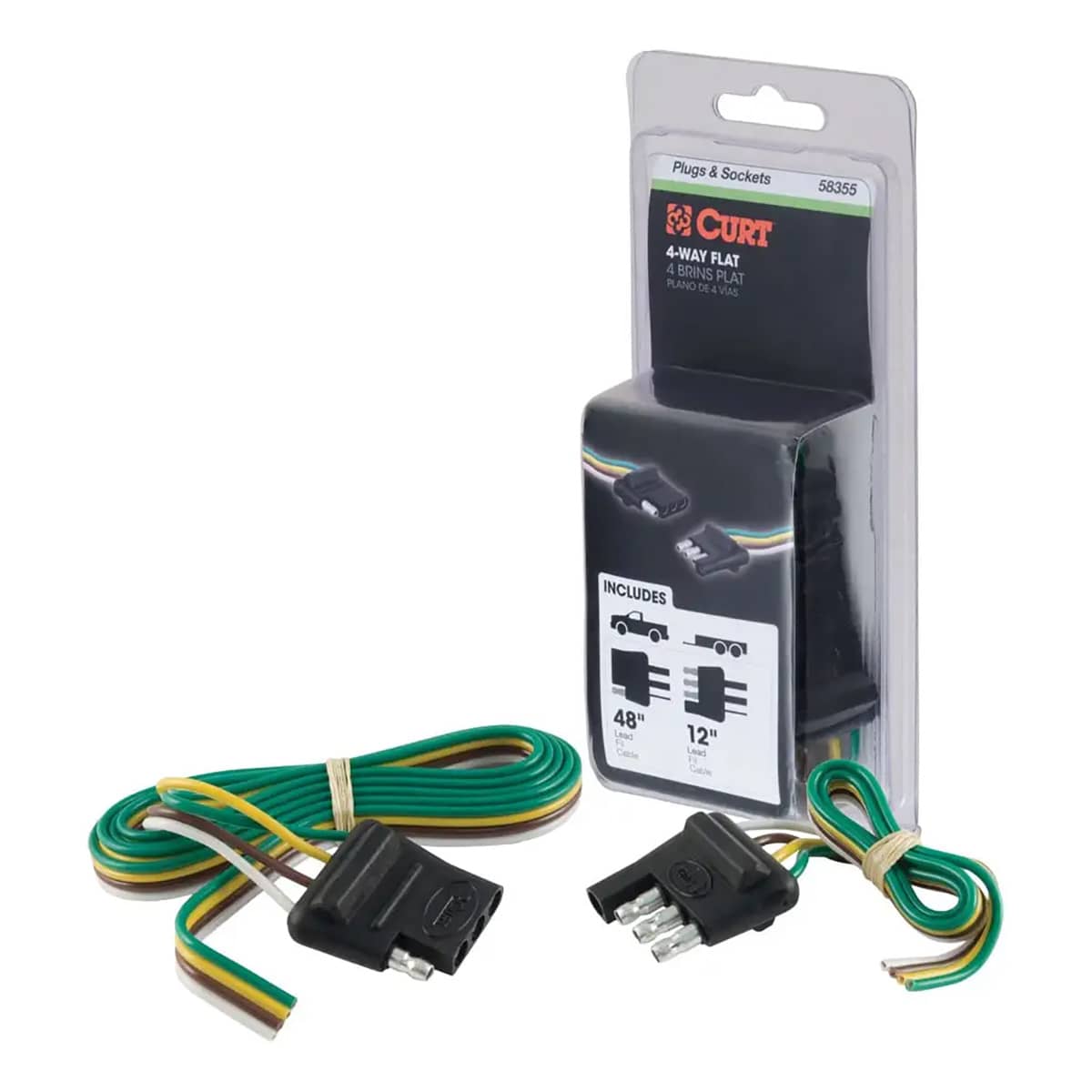 CURT 58355 4-WAY FLAT CONNECTOR PLUG & SOCKET WITH 12" & 48" WIRES (PACKAGED) CURT 58355