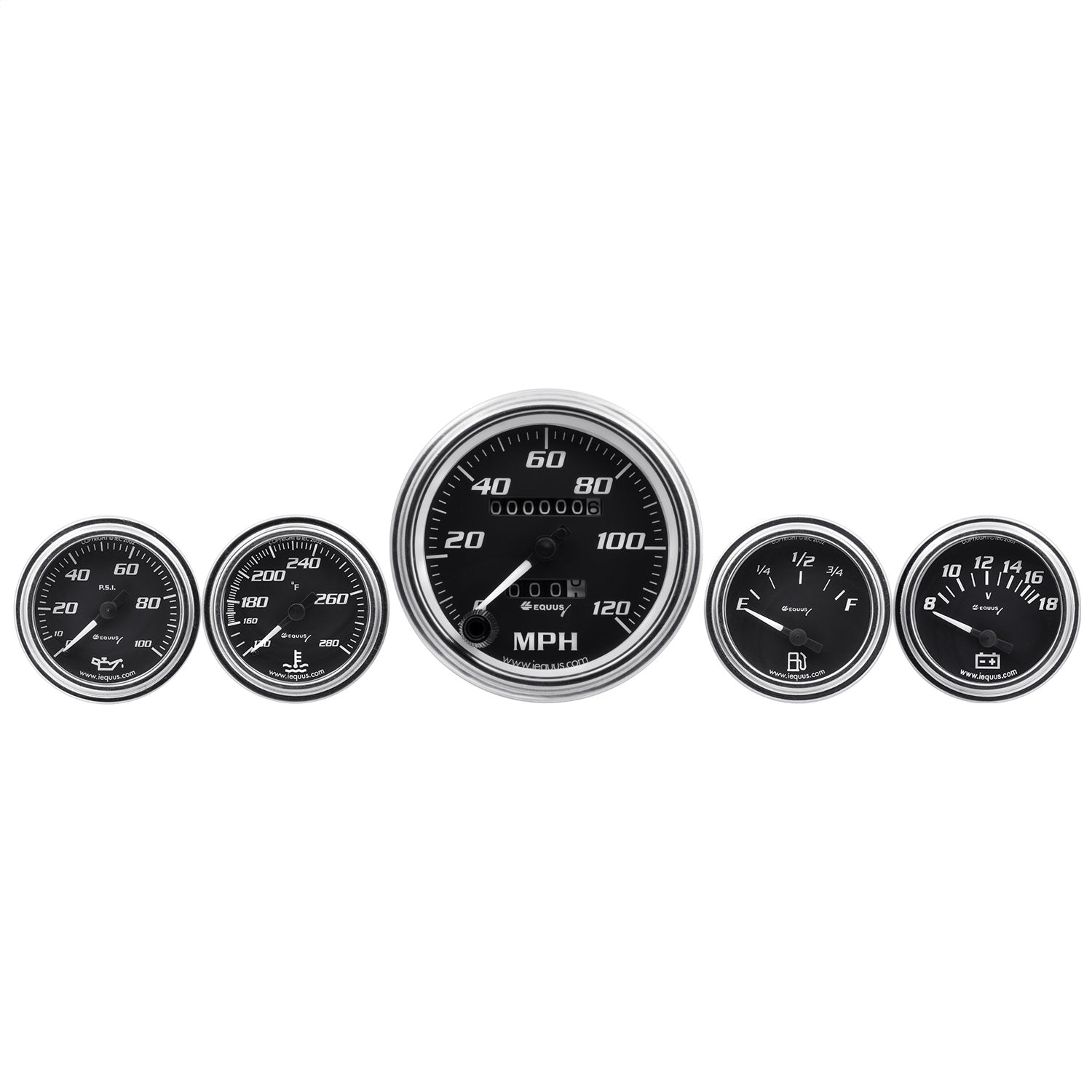 Equus E7500 Gauge Set; 3-3/8in. Mech Speedo; 2in. OILP/WTEMP/FUEL/VOLT; Blk; Chrm; 7000 Seri Equus E7500