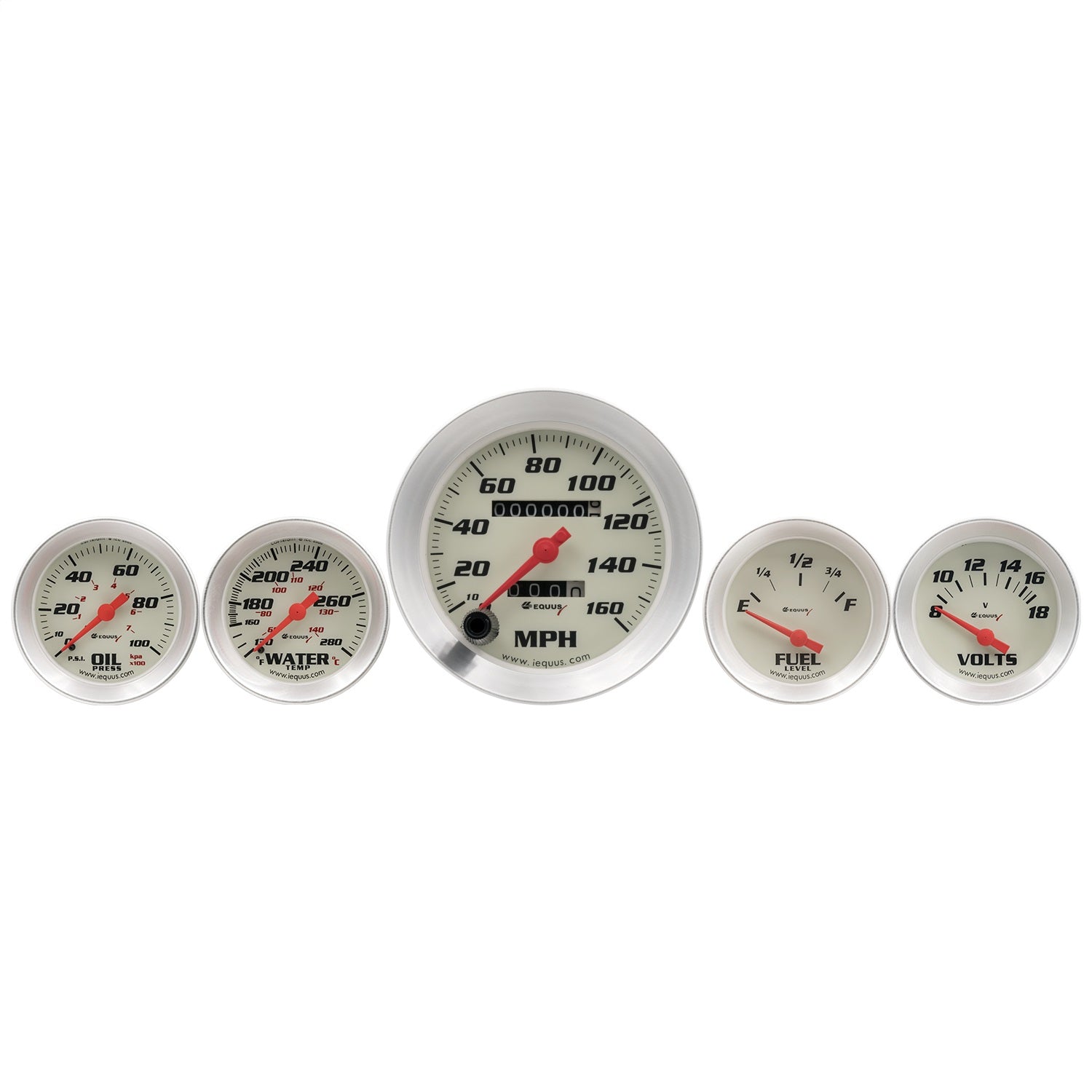 Equus E8500 Gauge Set; 3-3/8in. Mech Speedo; 2in. OILP/WTEMP/FUEL/VOLT; Wht; Slvr; 8000 Seri Equus E8500
