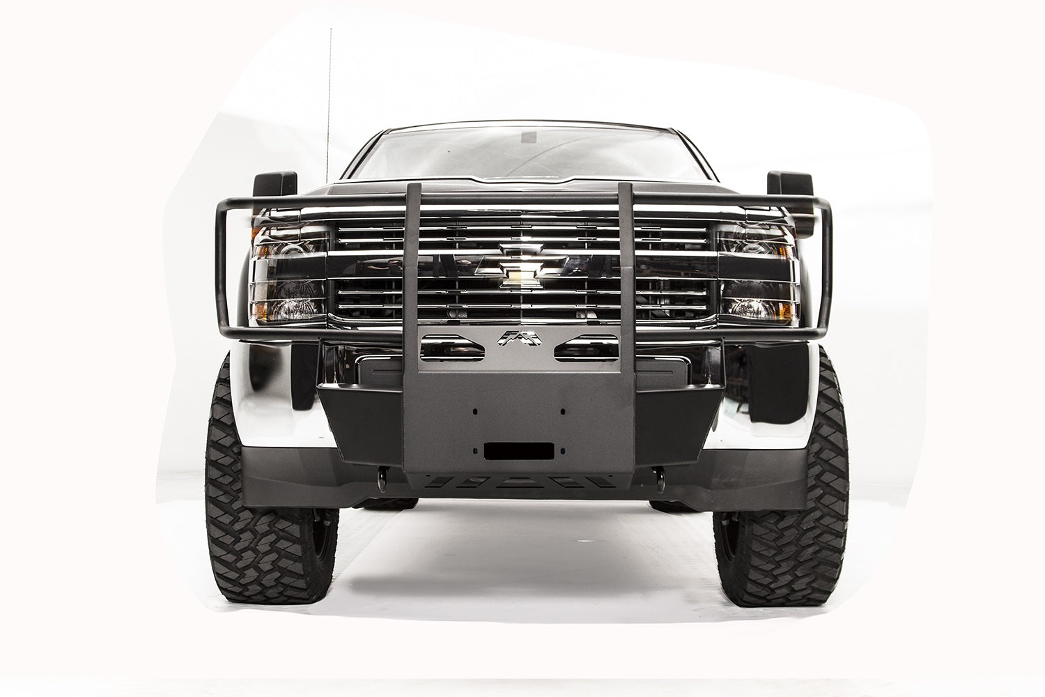 Fab Fours GM15-N3070-1 Winch Mount; 2 Stage Black Powder Coated; w/Full Grill Guard; Fab Fours GM15-N3070-1