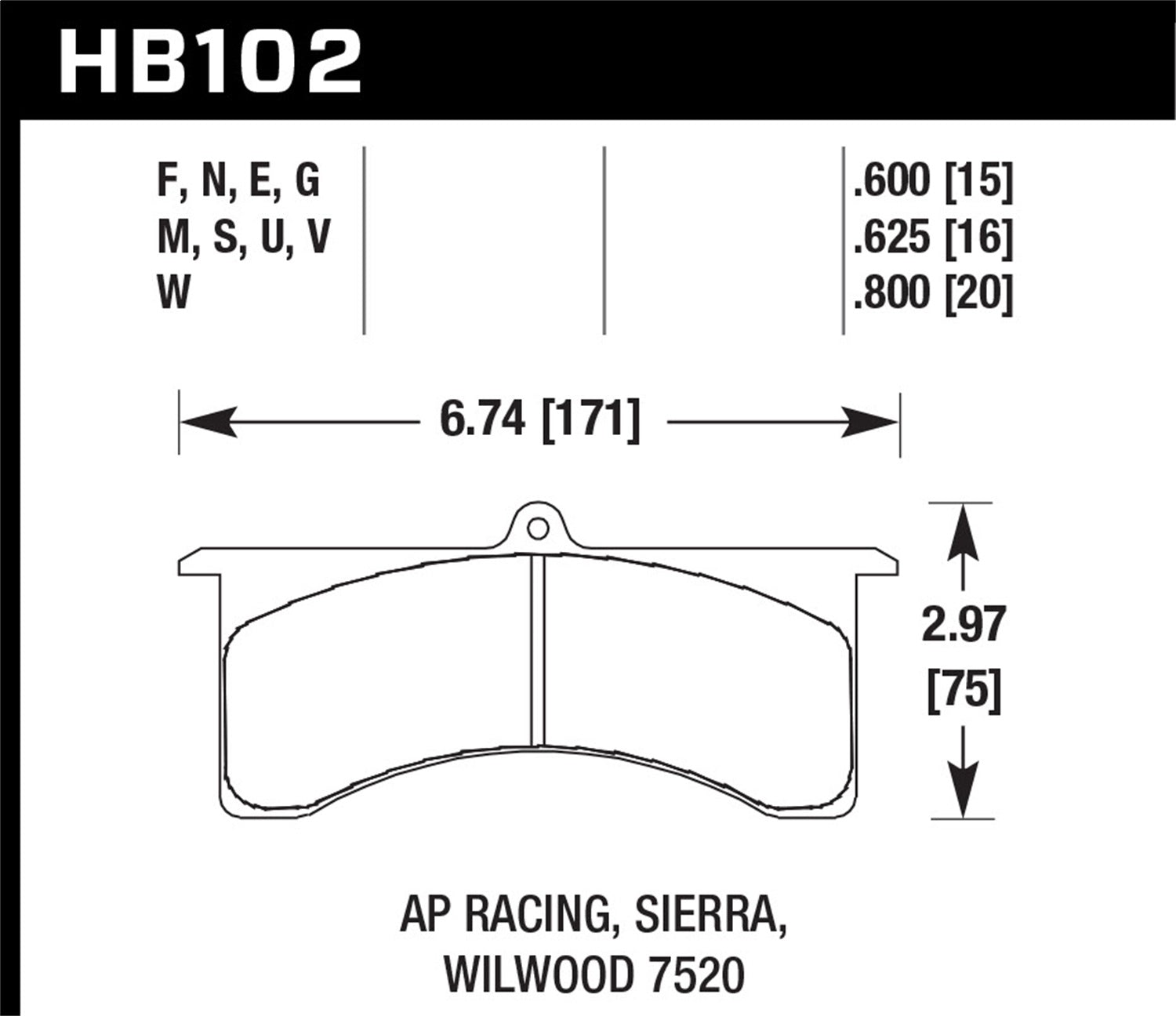 Hawk Performance HB102V.800 DTC-50 Disc Brake Pad; 0.800 Thickness; Fits AP Racing 6; Sierra/JFZ; Wilwood; Hawk Performance HB102V.800