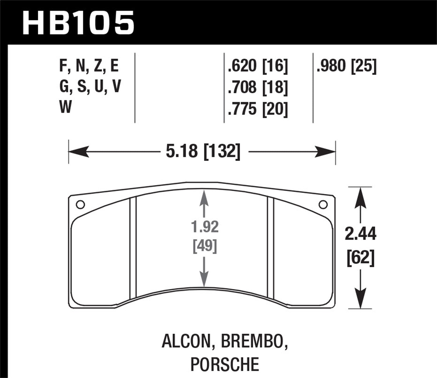 Hawk Performance HB105G.620 DTC-60 Disc Brake Pad; 0.620 Thickness; Fits Brembo; Rotora; Hawk Performance HB105G.620