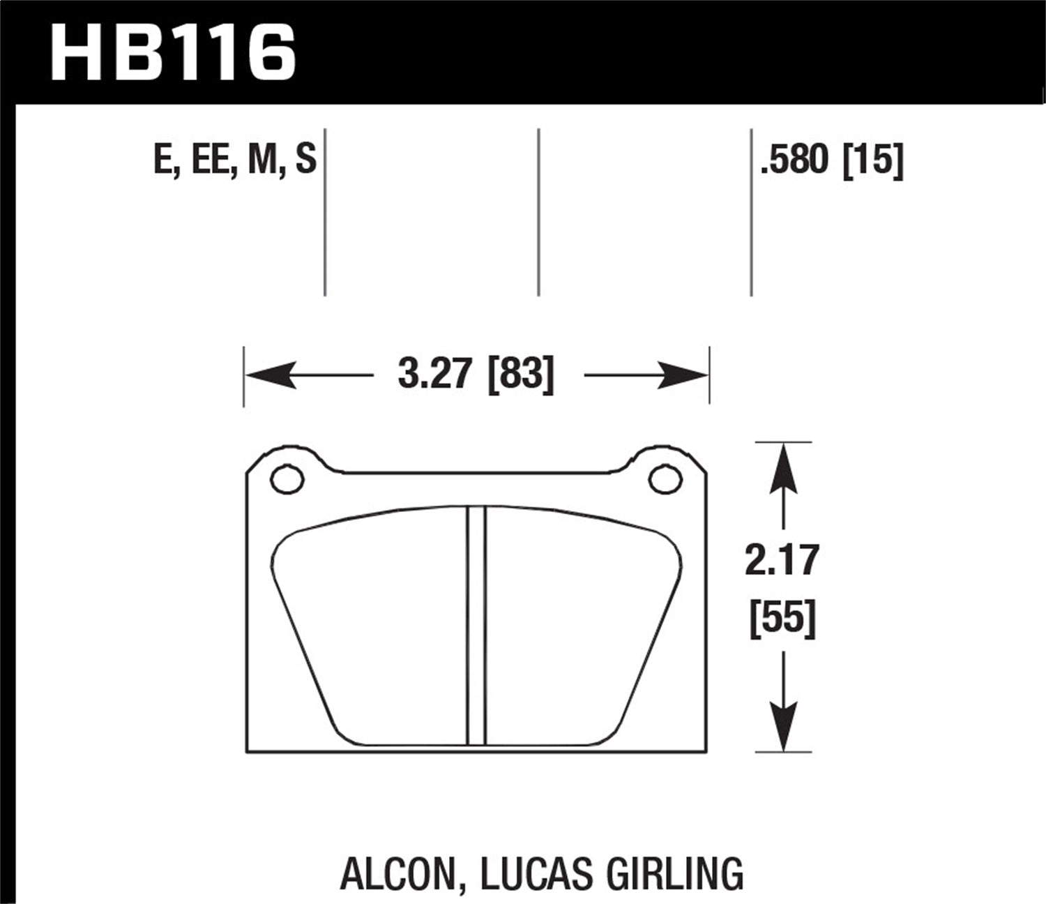 Hawk Performance HB116M.580 Black Disc Brake Pad; 0.580 Thickness; Fits S2000; Hawk Performance HB116M.580