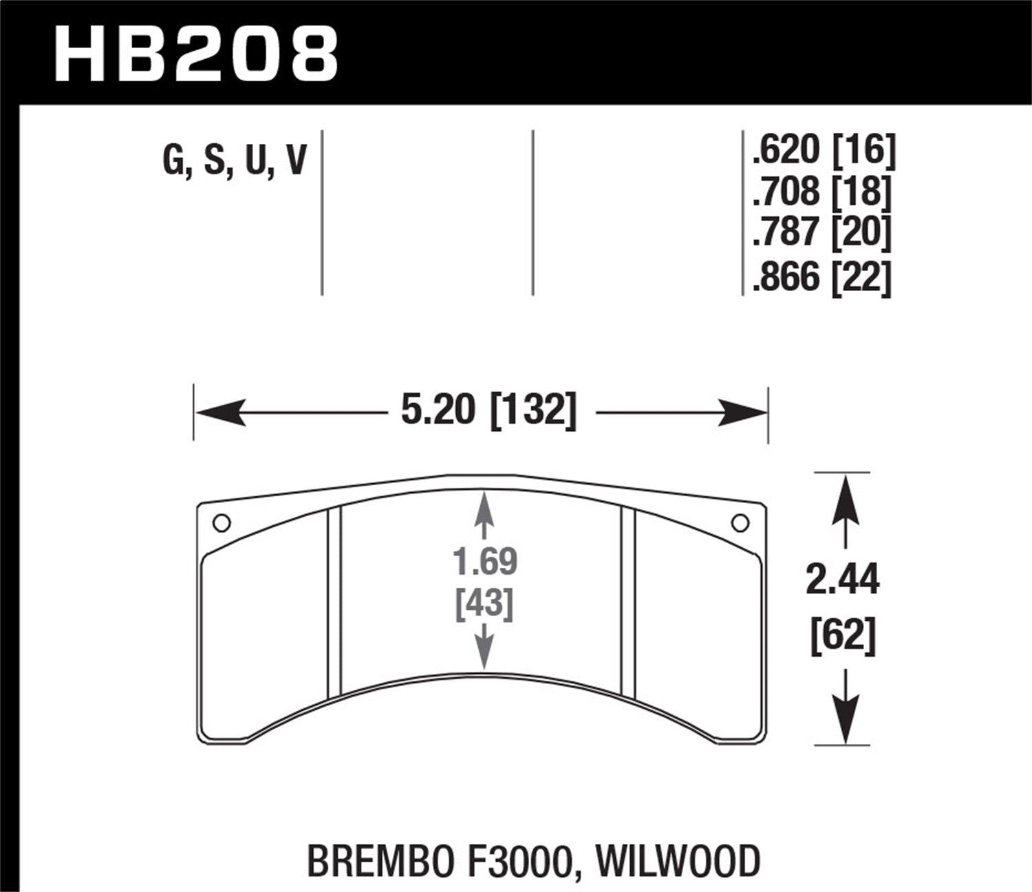Hawk Performance HB208S.708 HT-10 Disc Brake Pad; 0.708 Thickness; Fits Brembo; Hawk Performance HB208S.708
