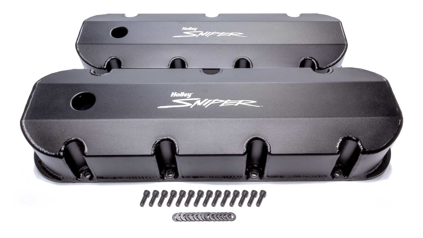 Holley 890004B Aluminum Valve Cover Set; Tall Style; w/Baffle/Smooth Hole; Pair; Black Finish; Holley 890004B