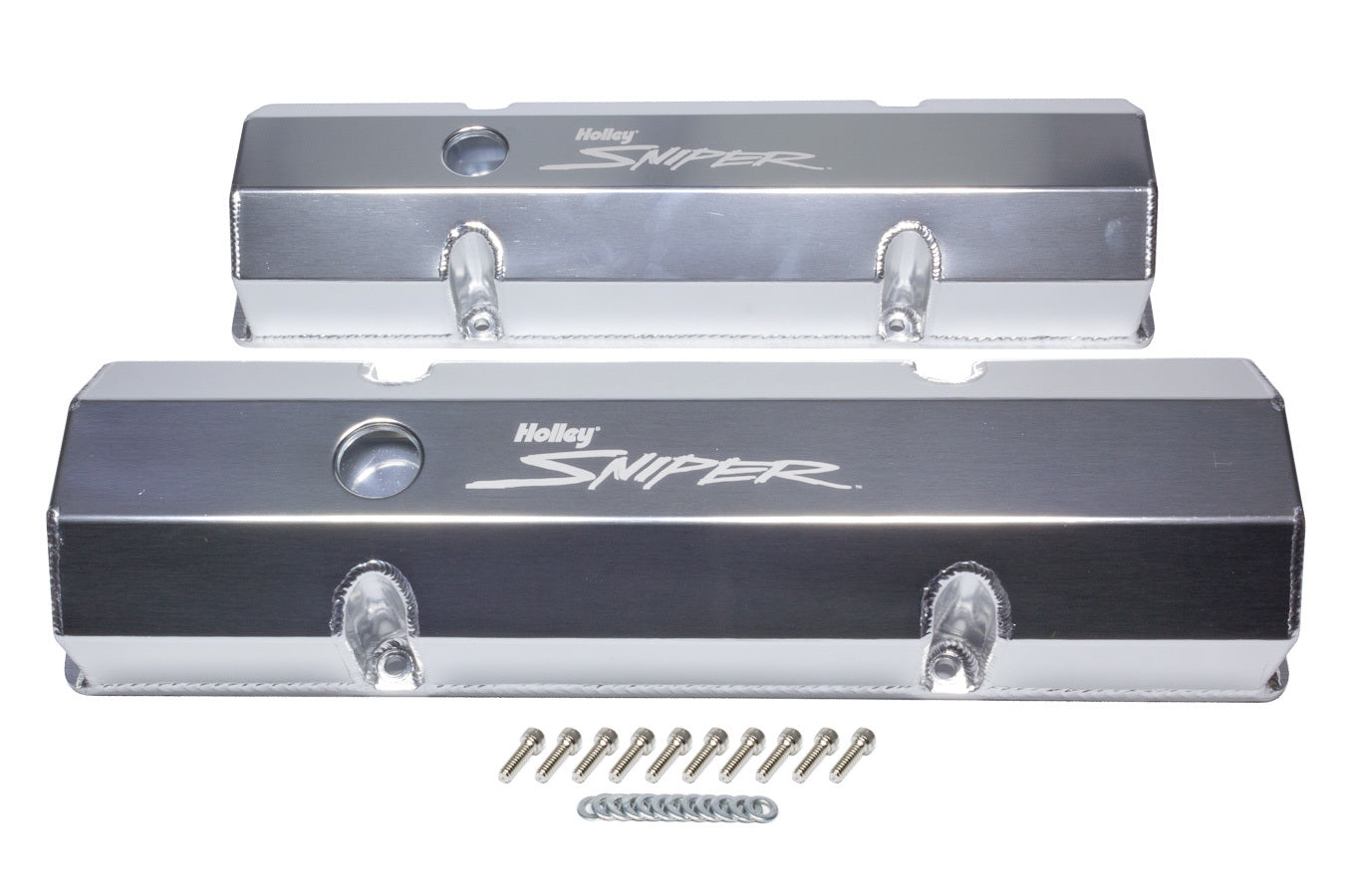 Holley 890010 Aluminum Valve Cover Set; Flat Top; w/Emissions Port; Pair; Natural Finish; Holley 890010