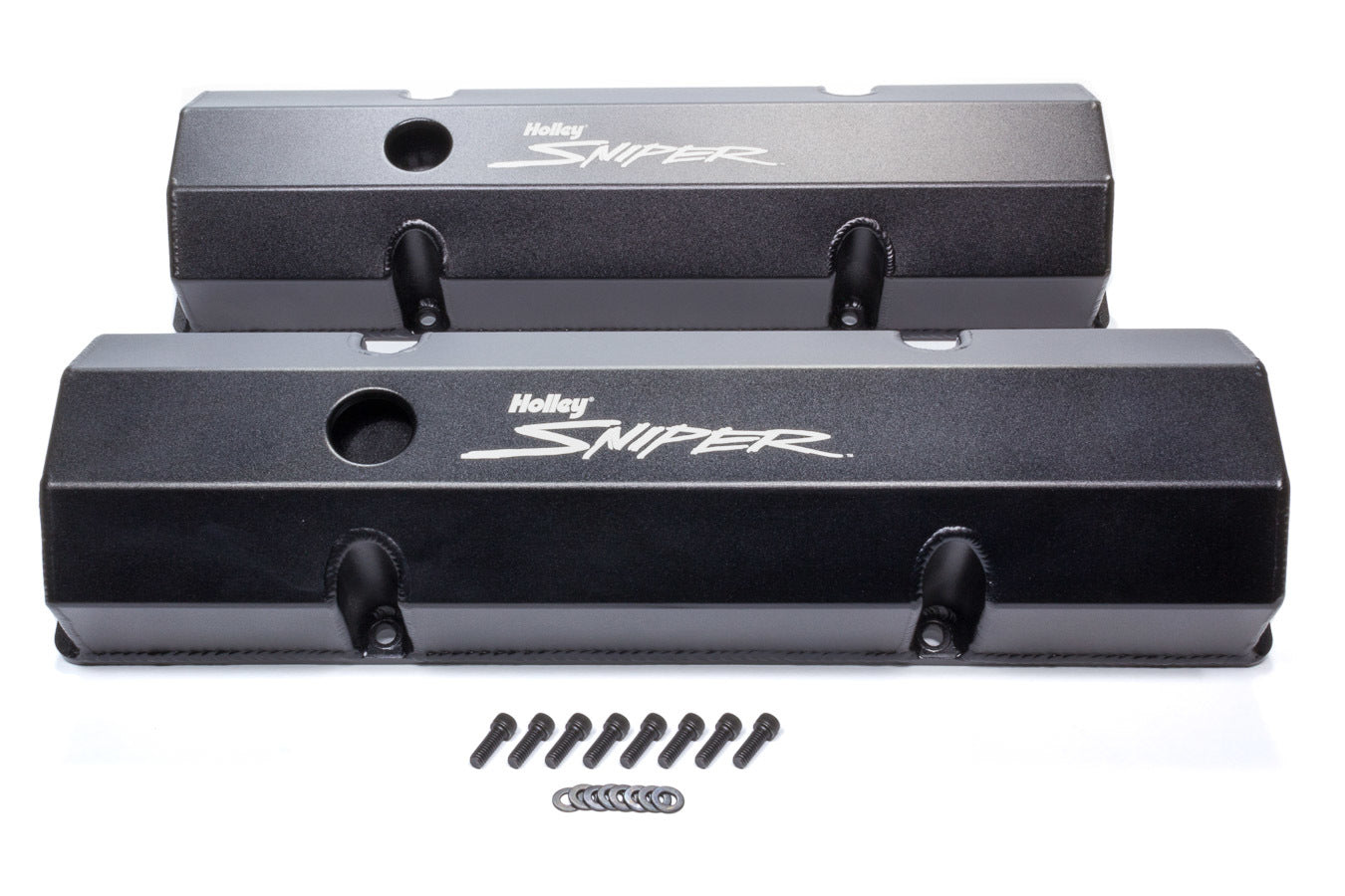Holley 890010B Aluminum Valve Cover Set; Flat Top; w/Emissions Port; Pair; Black Finish; Holley 890010B