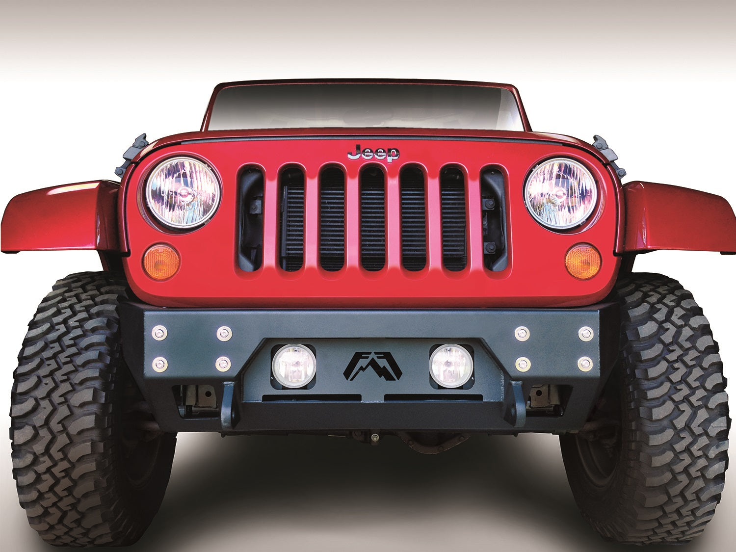 Fab Fours JK07-B1855-B FMJ Stubby Winch Front Bumper; Uncoated/Paintable; [AWSL]; Fab Fours JK07-B1855-B