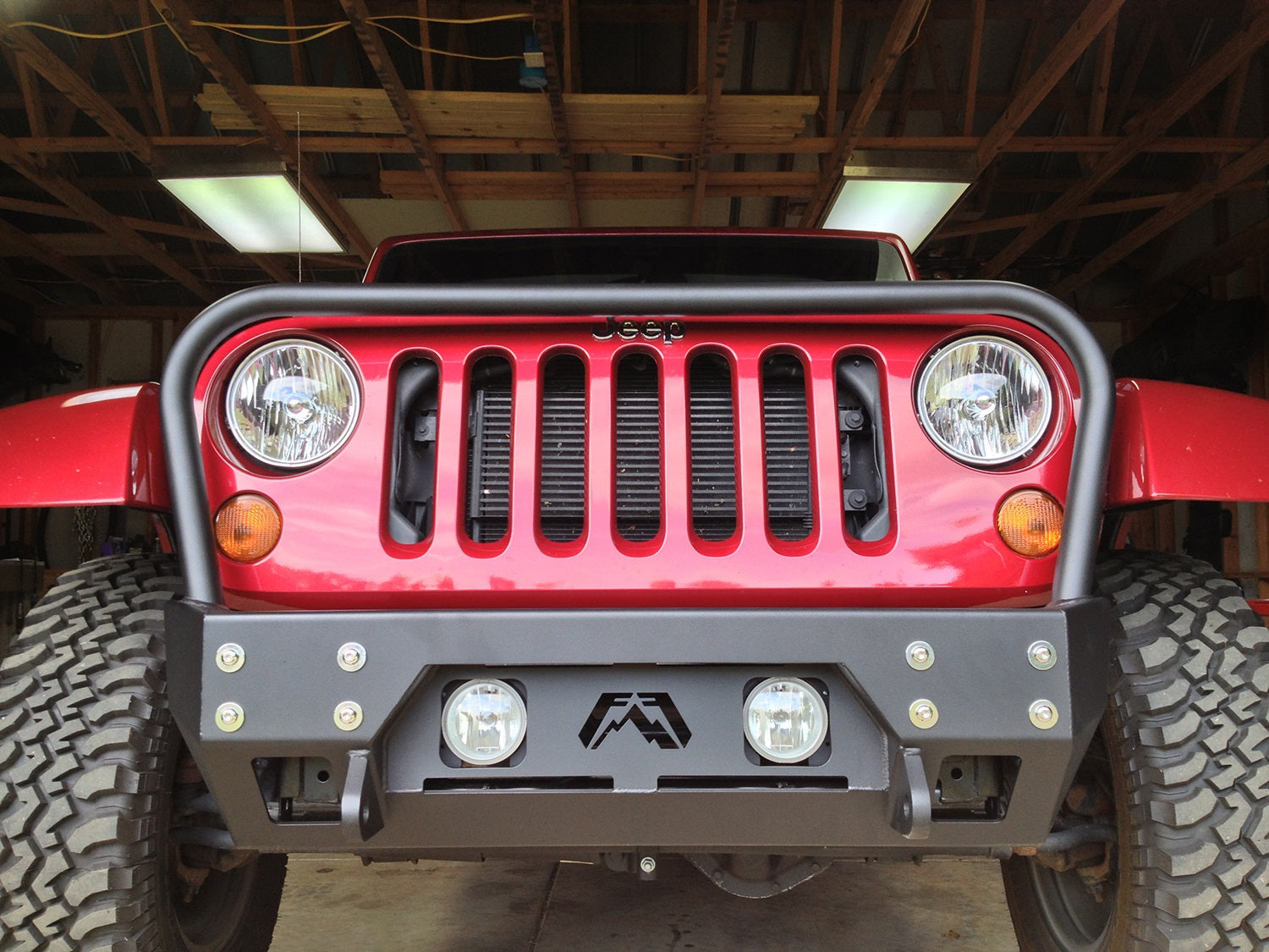 Fab Fours JK07-B1856-B FMJ Stubby Winch Front Bumper; Uncoated/Paintable; w/Grill Guard; [AWSL]; Fab Fours JK07-B1856-B