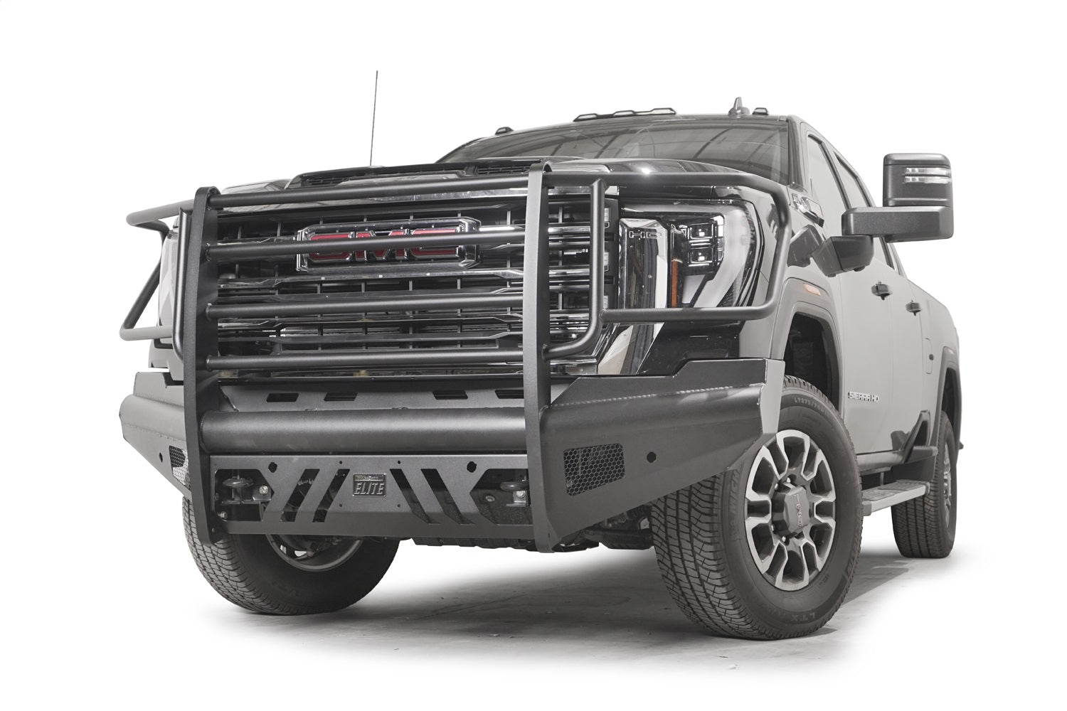 Fab Fours GM24-Q6260-1 Elite Front Bumper; w/ Full Guard; Black Steel; w/ Sensor; Incl. Tow Hooks; Fab Fours GM24-Q6260-1