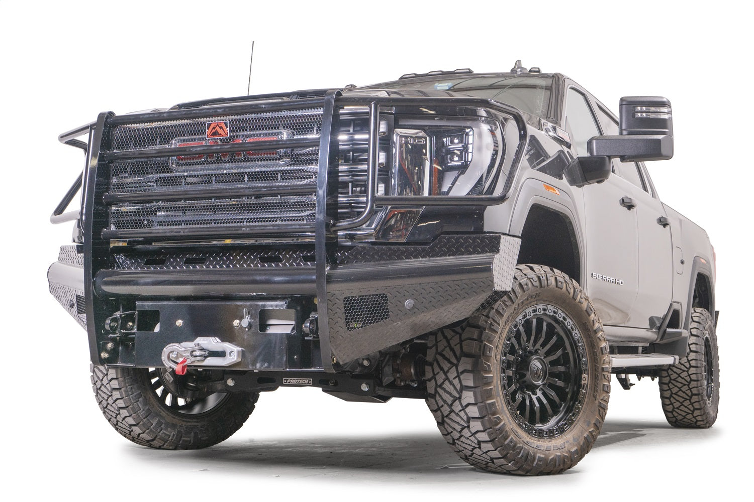 Fab Fours GM24-S6260-1 Black Steel Front Bumper; w/ Full Guard; w/ Sensor; Incl. Tow Hooks; Fab Fours GM24-S6260-1