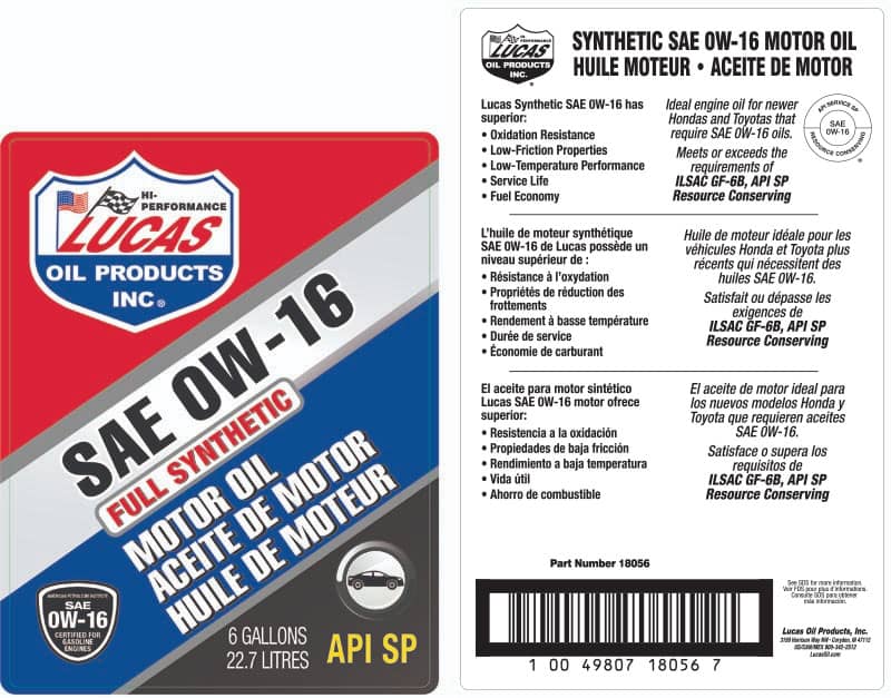 Lucas Oil Products 18056 SYN. SAE 0W-16 API SP ILSAC GF-6B ENGINE OIL 6G Lucas Oil Products 18056