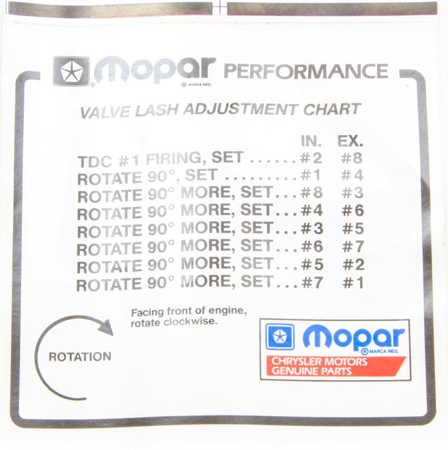 Mopar P4452989 Valve Lash Adj. Decal Mopar P4452989