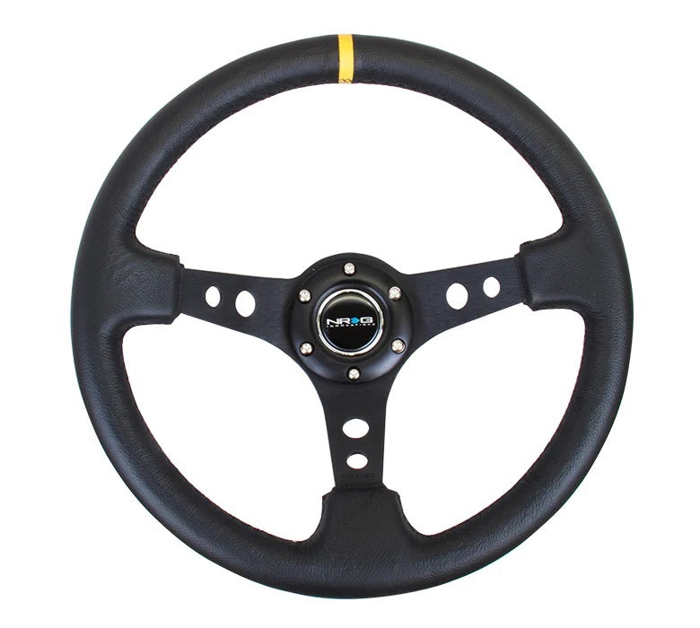 NRG Innovations RST-006BK-Y Steering Wheel 350mm 3in Dish Black LeatherYlwStr NRG Innovations RST-006BK-Y