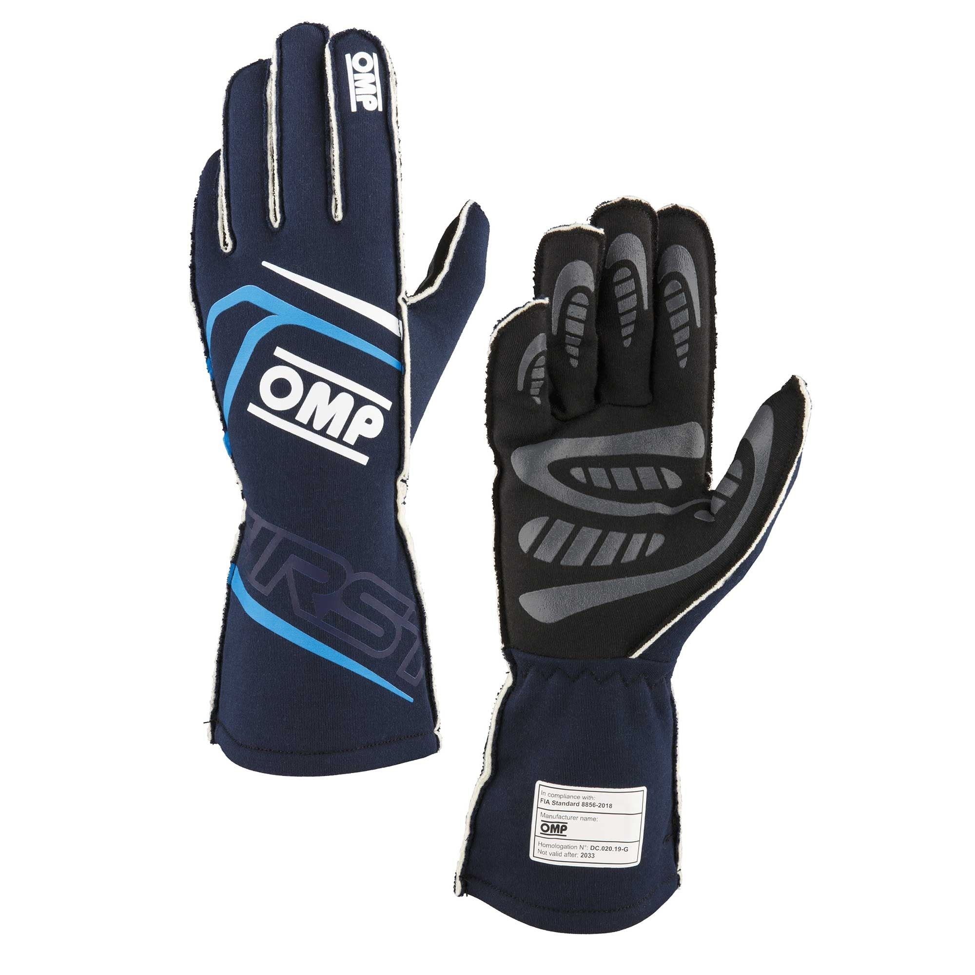 OMP Racing INC IB0-0776-B01-244-M FIRST GLOVES FIA 8856-20 18 MY2025 NAVY BLUE / CY OMP Racing INC IB0-0776-B01-244-M