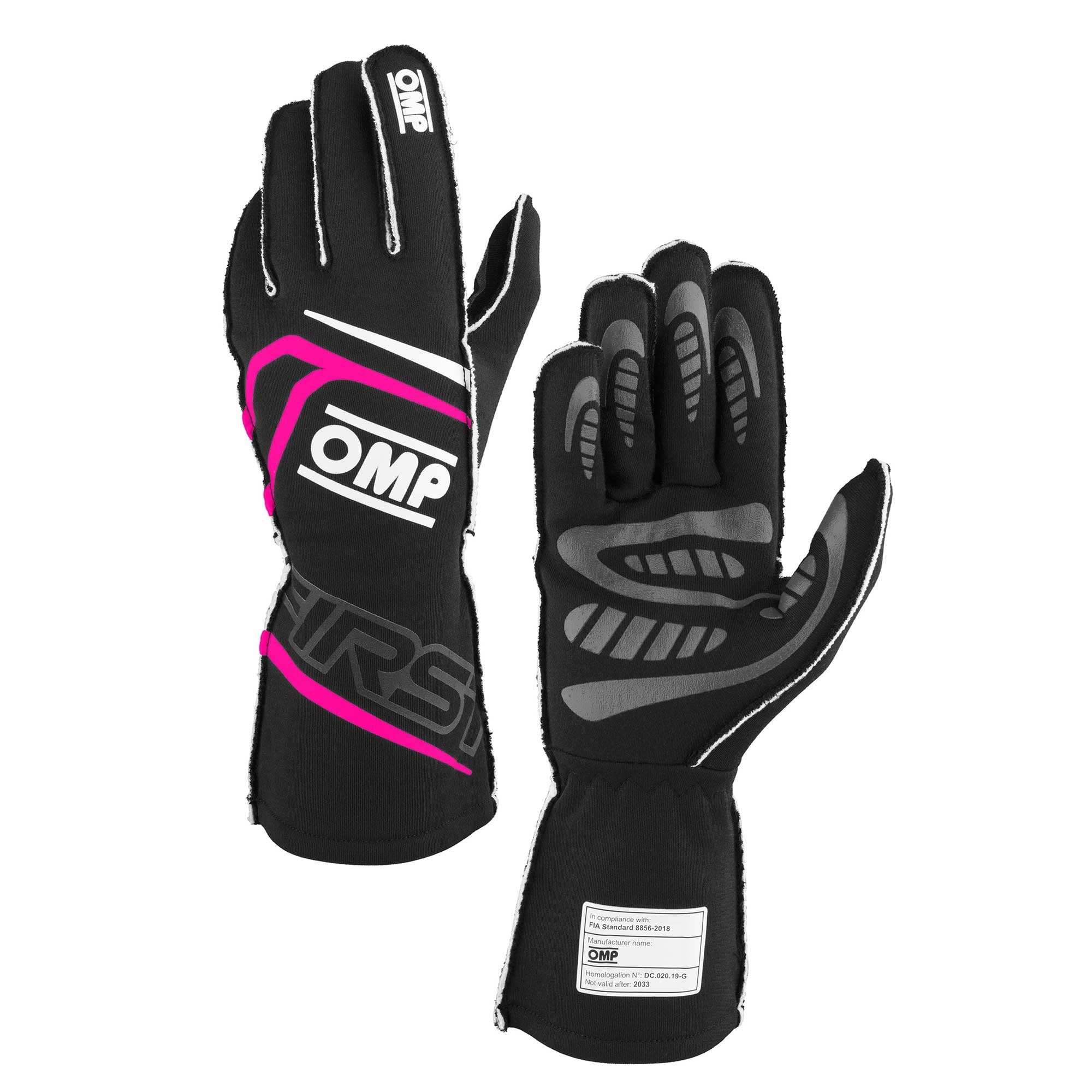OMP Racing INC IB0-0776-B01-277-XL FIRST GLOVES FIA 8856-20 18 MY2025 BLACK / FUCHSI OMP Racing INC IB0-0776-B01-277-XL