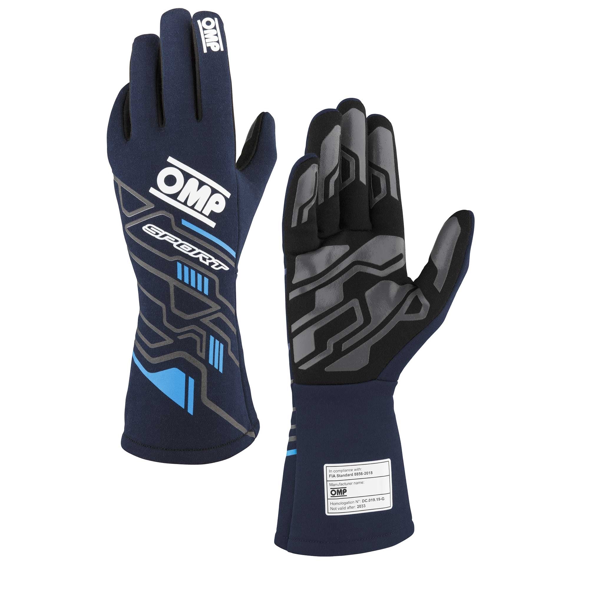 OMP Racing INC IB0-0777-B01-244-XL SPORT GLOVES FIA 8856-20 18 MY2025 NAVY BLUE / CY OMP Racing INC IB0-0777-B01-244-XL