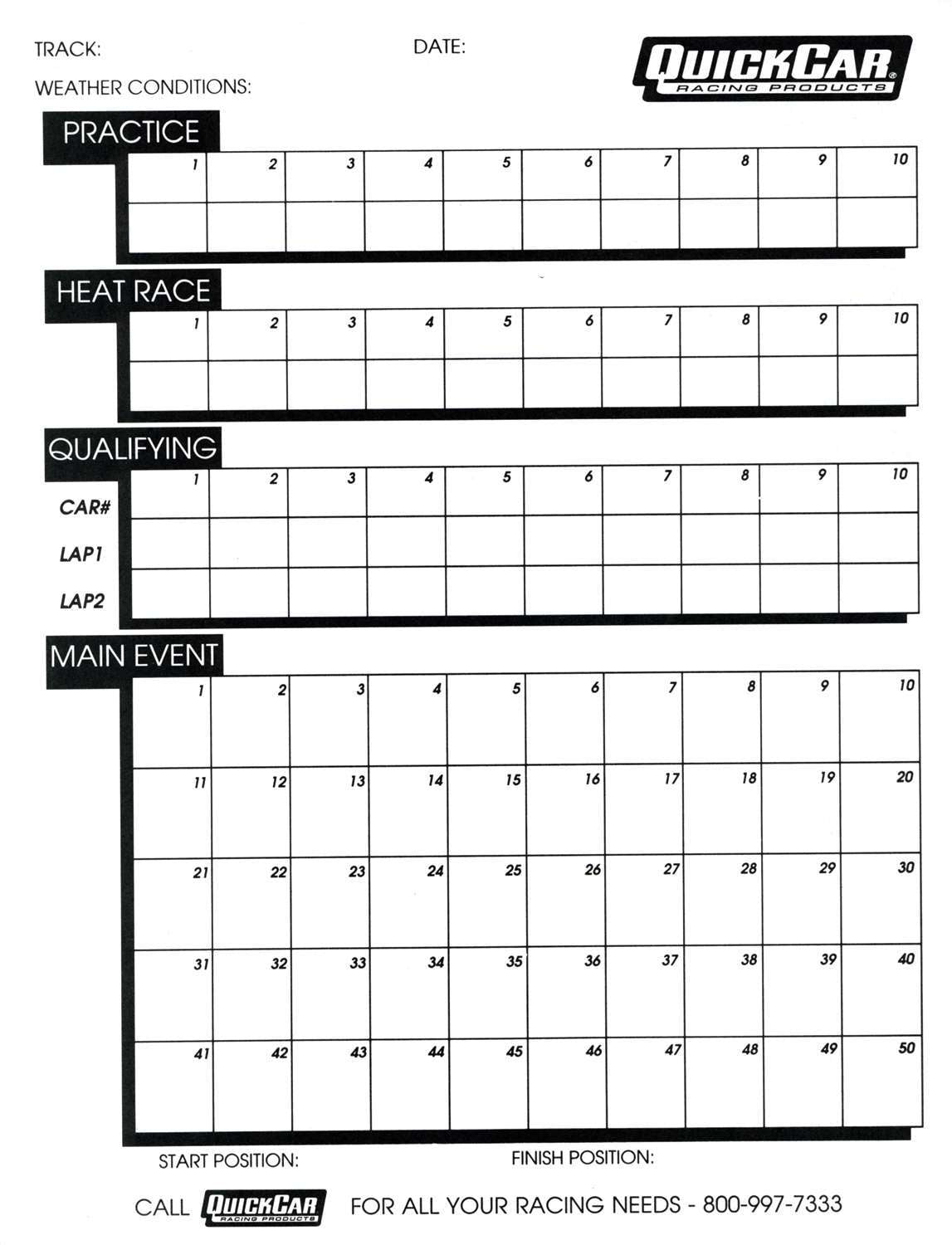 Quickcar Racing 51-230 Time Organizer Sheets 50 Lap Quickcar Racing 51-230