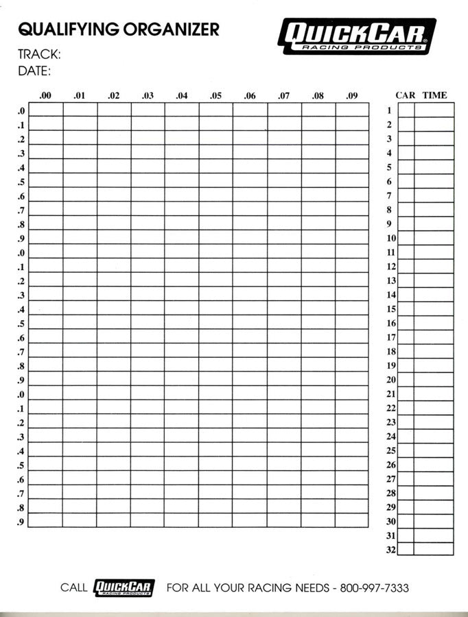 Quickcar Racing 51-236 Qualifying Organizer Sheets (50pk) Quickcar Racing 51-236