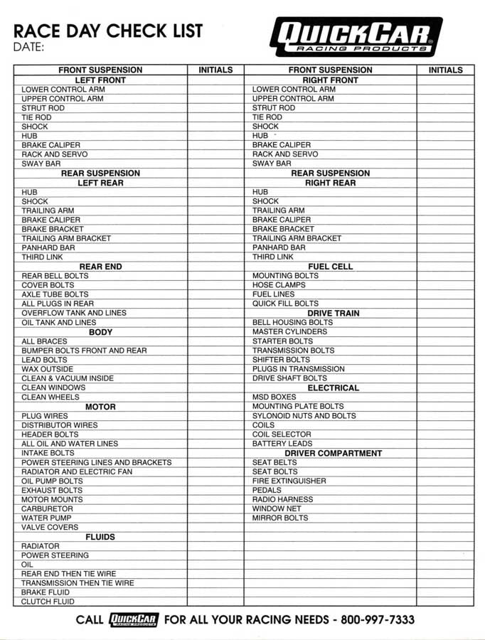 Quickcar Racing 51-237 Race Day Check-List Quickcar Racing 51-237