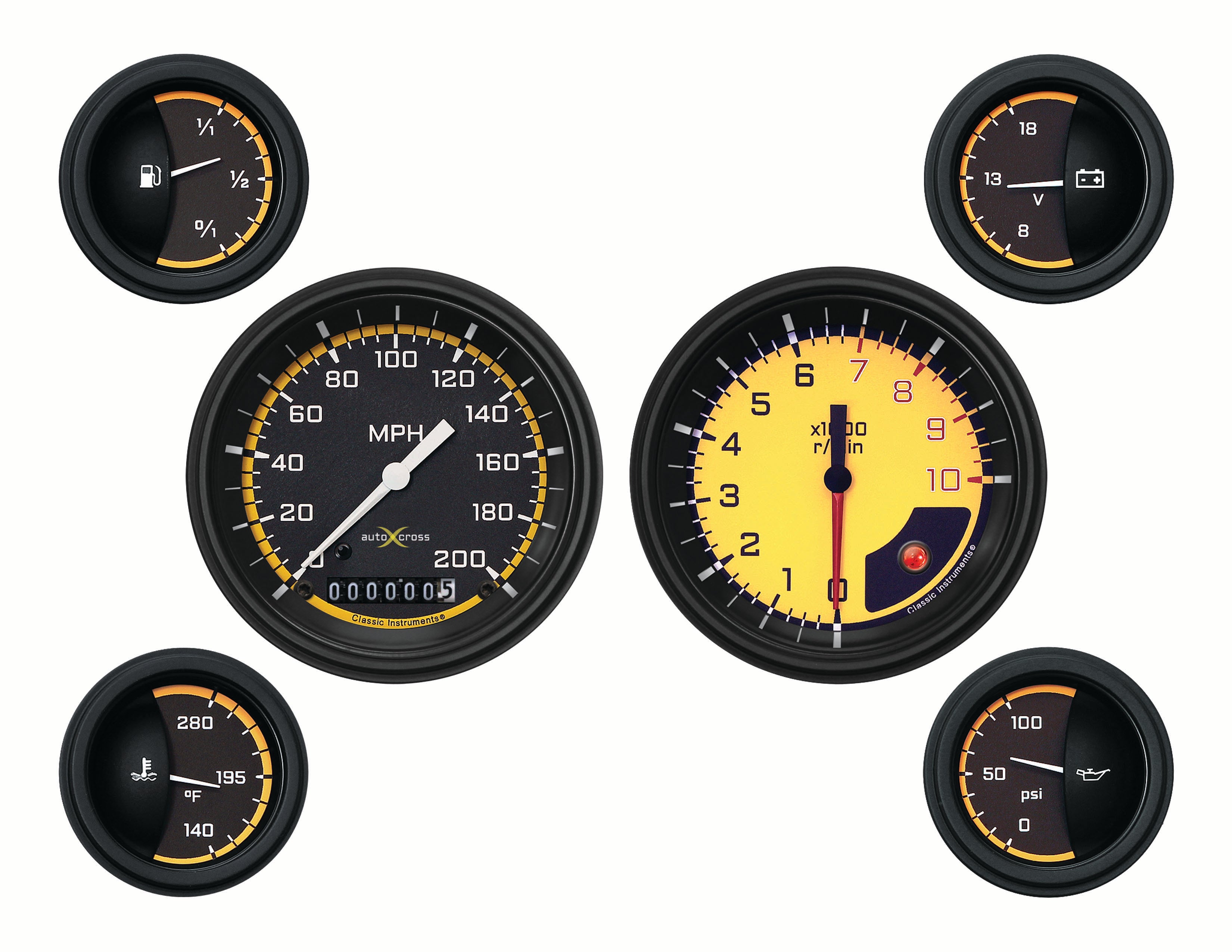 Classic Instruments AX01YBLF Classic Instruments Auto Cross Yellow 6 Gauge Set Classic Instruments AX01YBLF